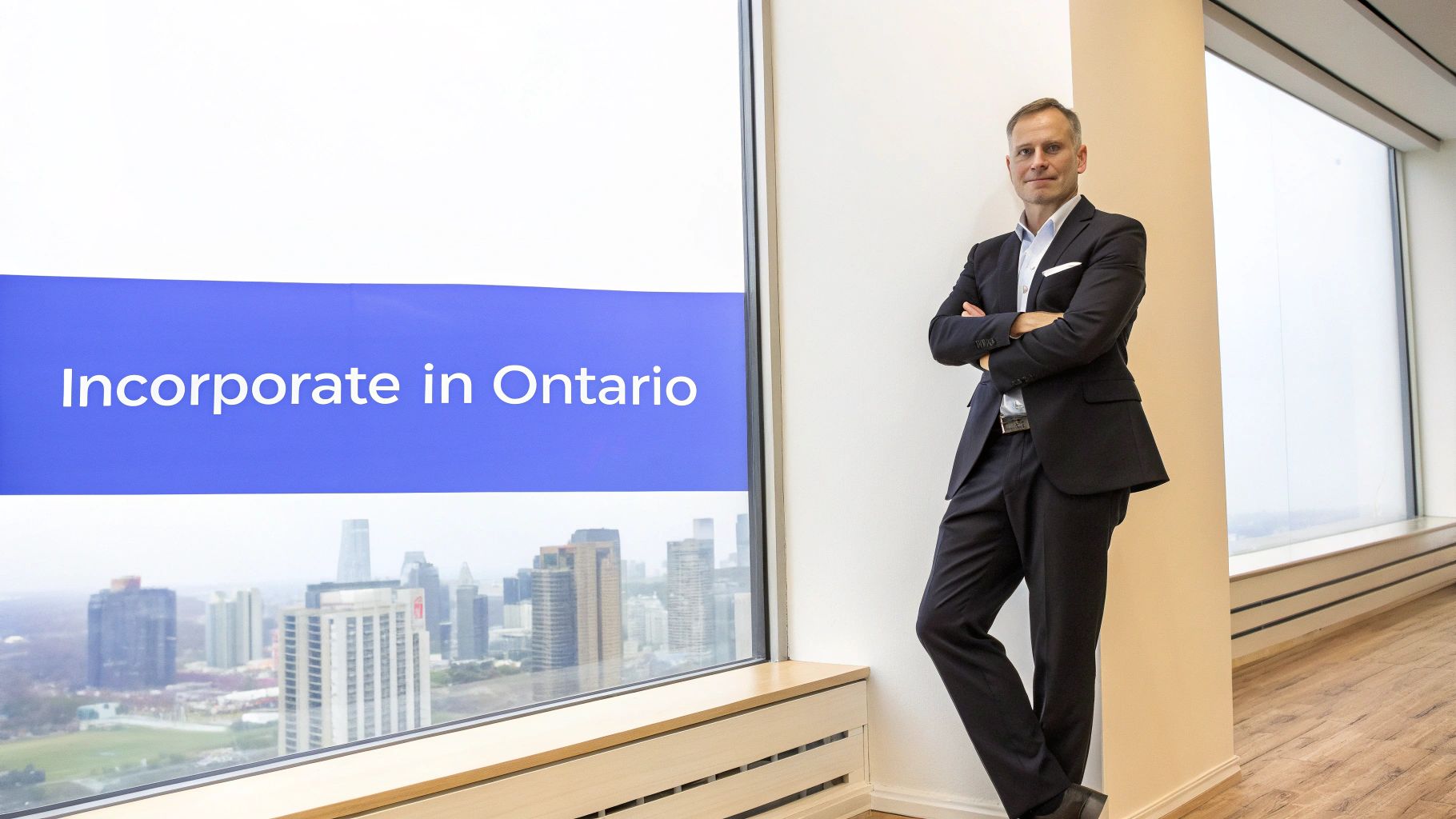 A businessman in a suit stands by a window with a city view and 'Incorporate in Ontario' text.
