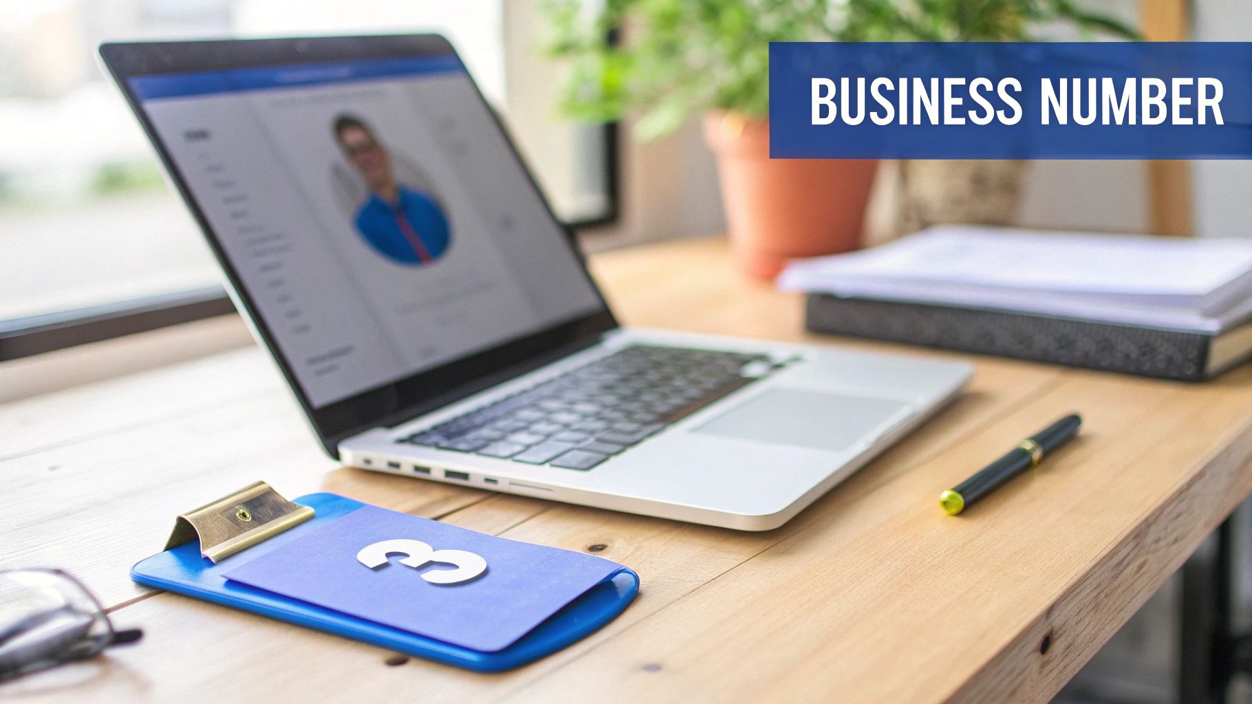 A modern office desk with a laptop, a clipboard showing the number 3, a pen, and papers.