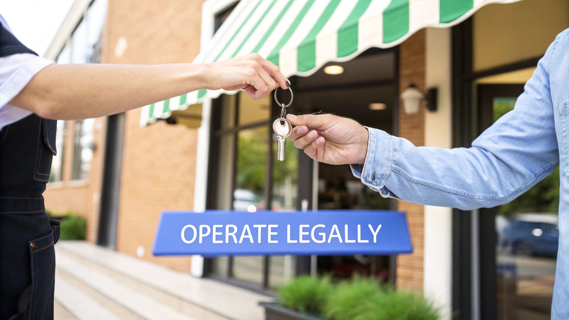 Hands exchanging business keys in front of a building with a green awning and 'Operate Legally' sign.