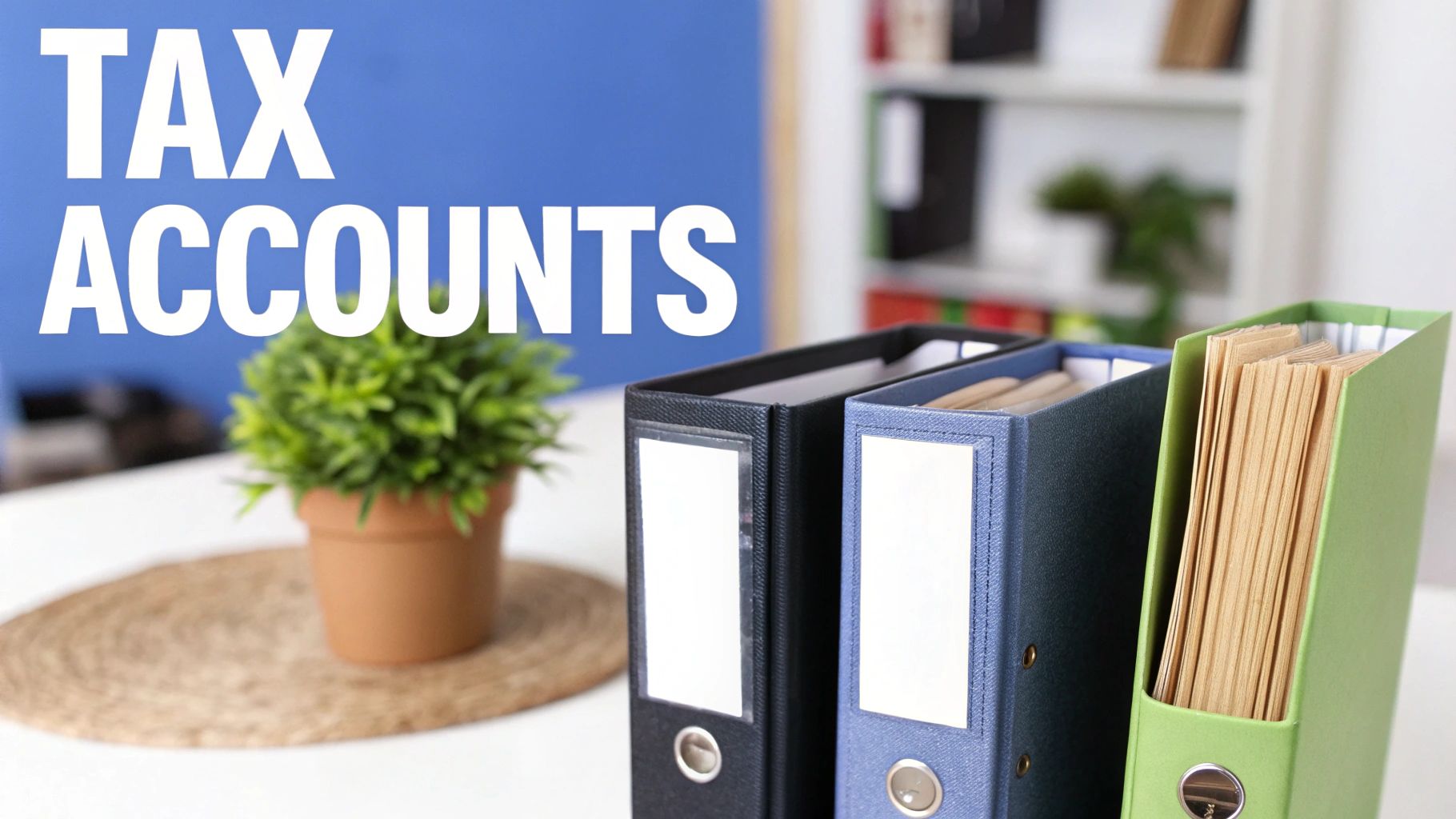 White text 'TAX ACCOUNTS' on a blue background, with three binders and a small plant.