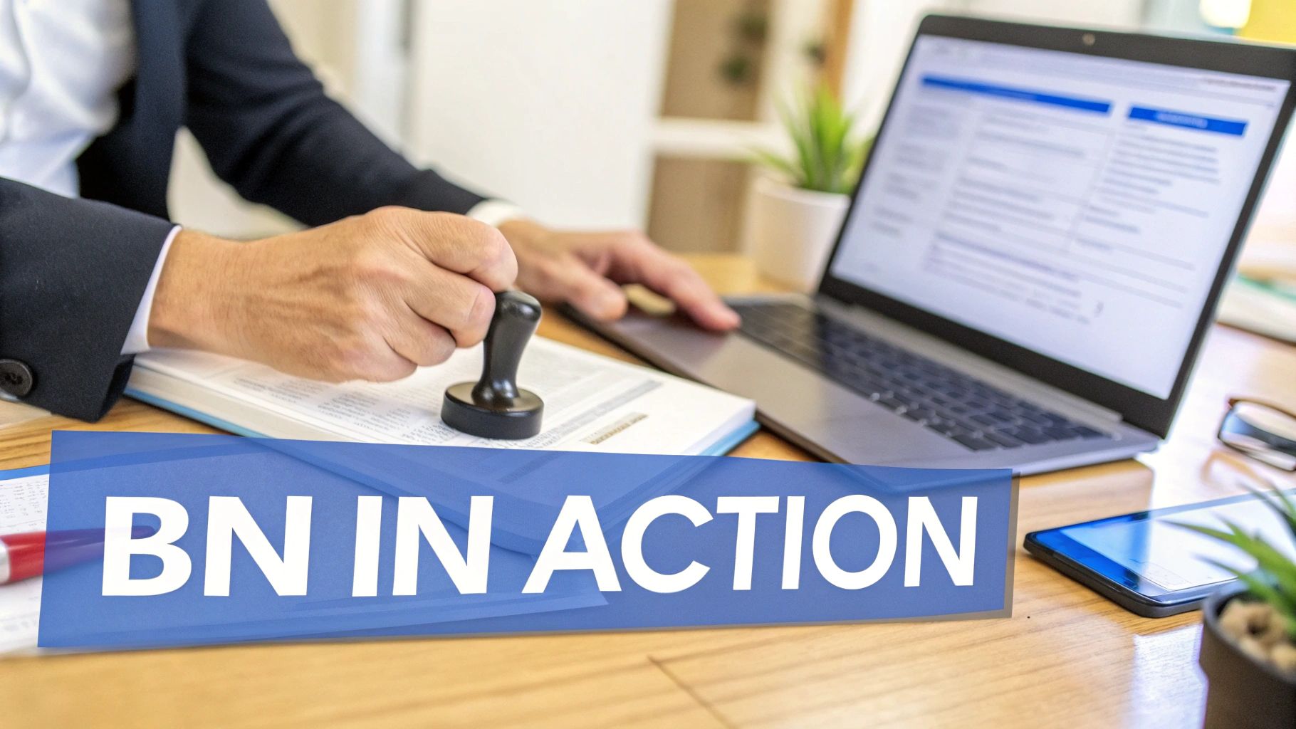 A person in a suit jacket is stamping an official document on a desk next to a laptop.