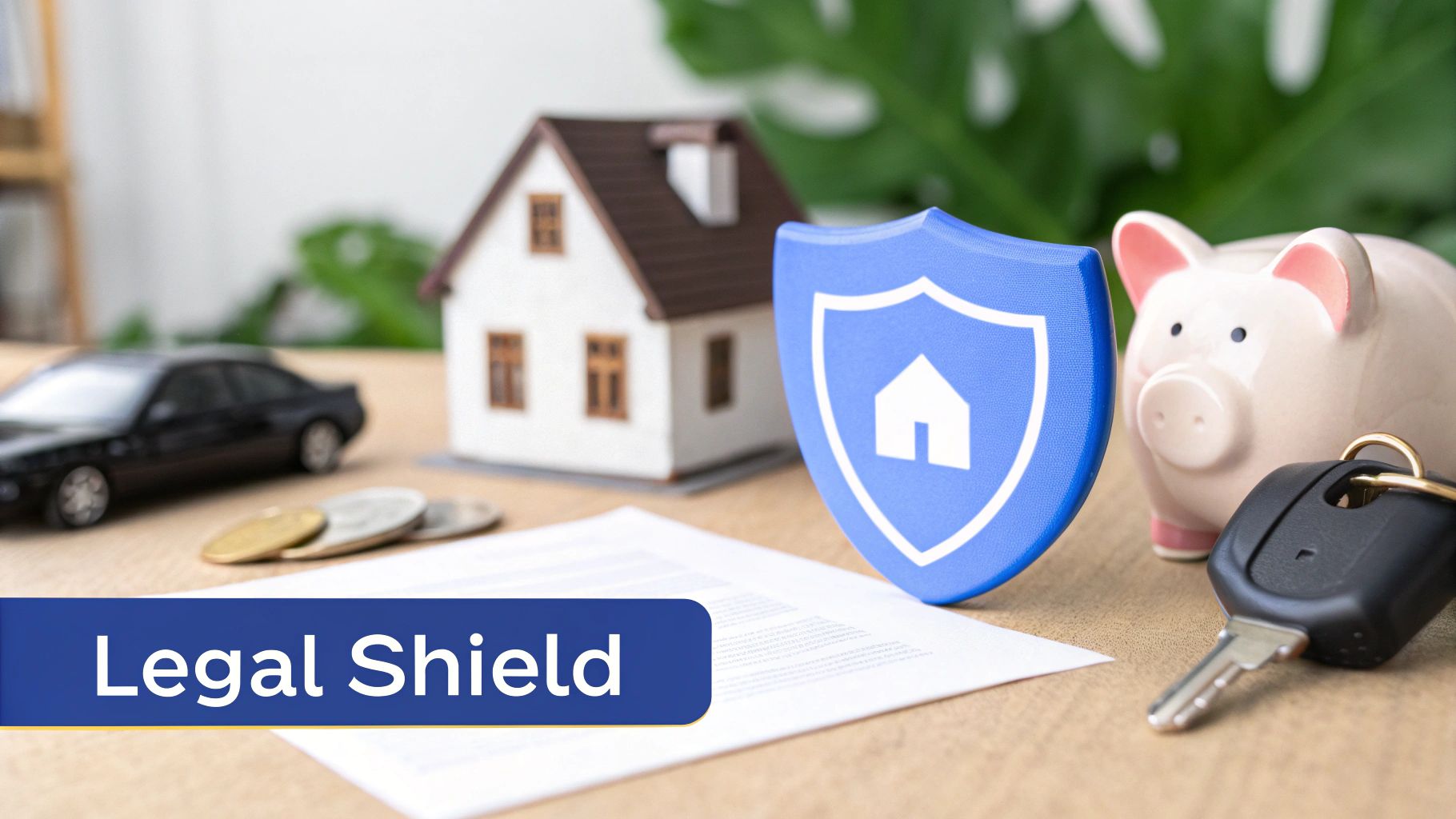 A tabletop arrangement of a model house, car, piggy bank, keys, coins, and a shield with 'Legal Shield' text.