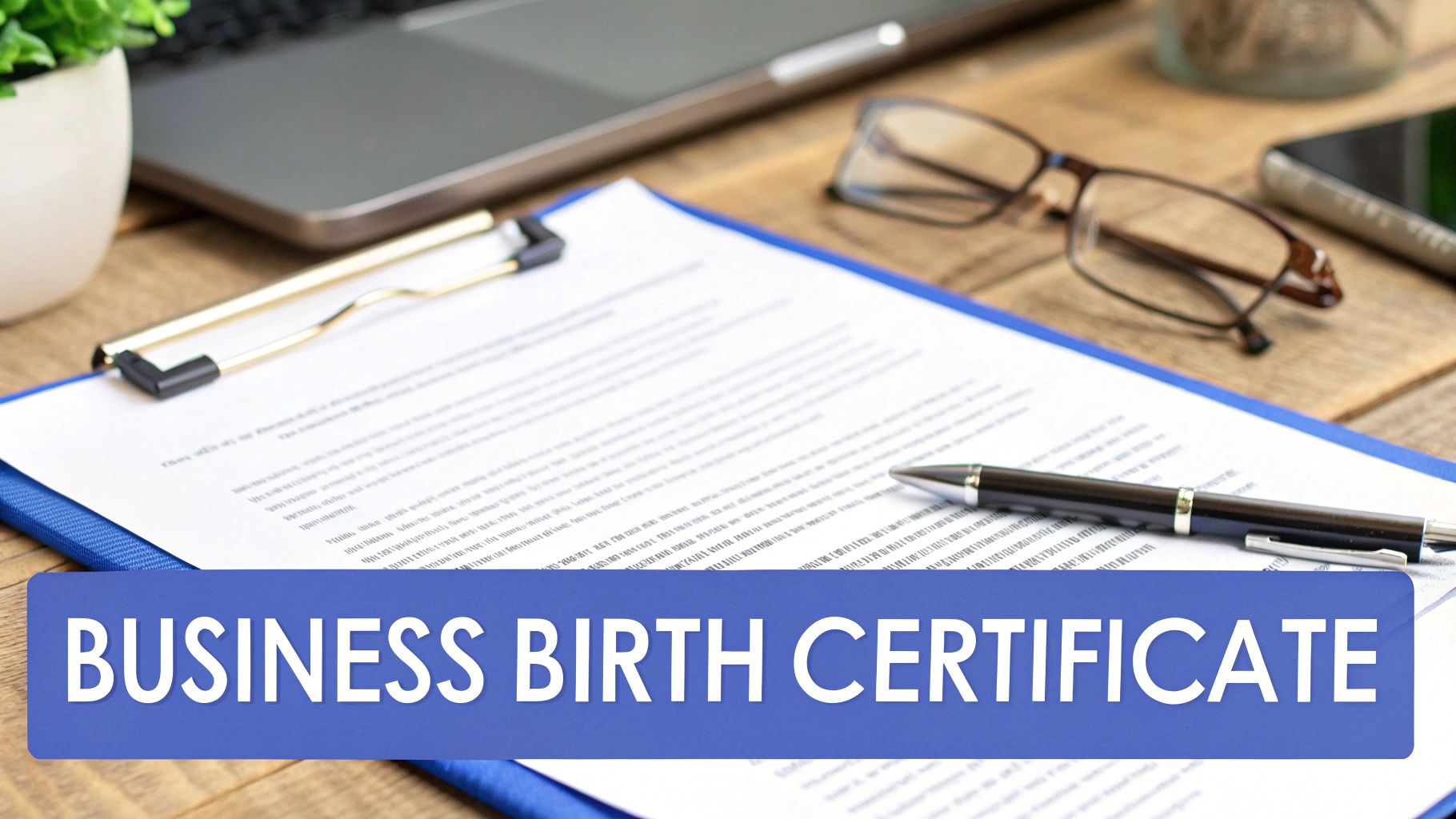 A document labeled 'Business Birth Certificate' on a clipboard with a pen and glasses on a wooden desk.