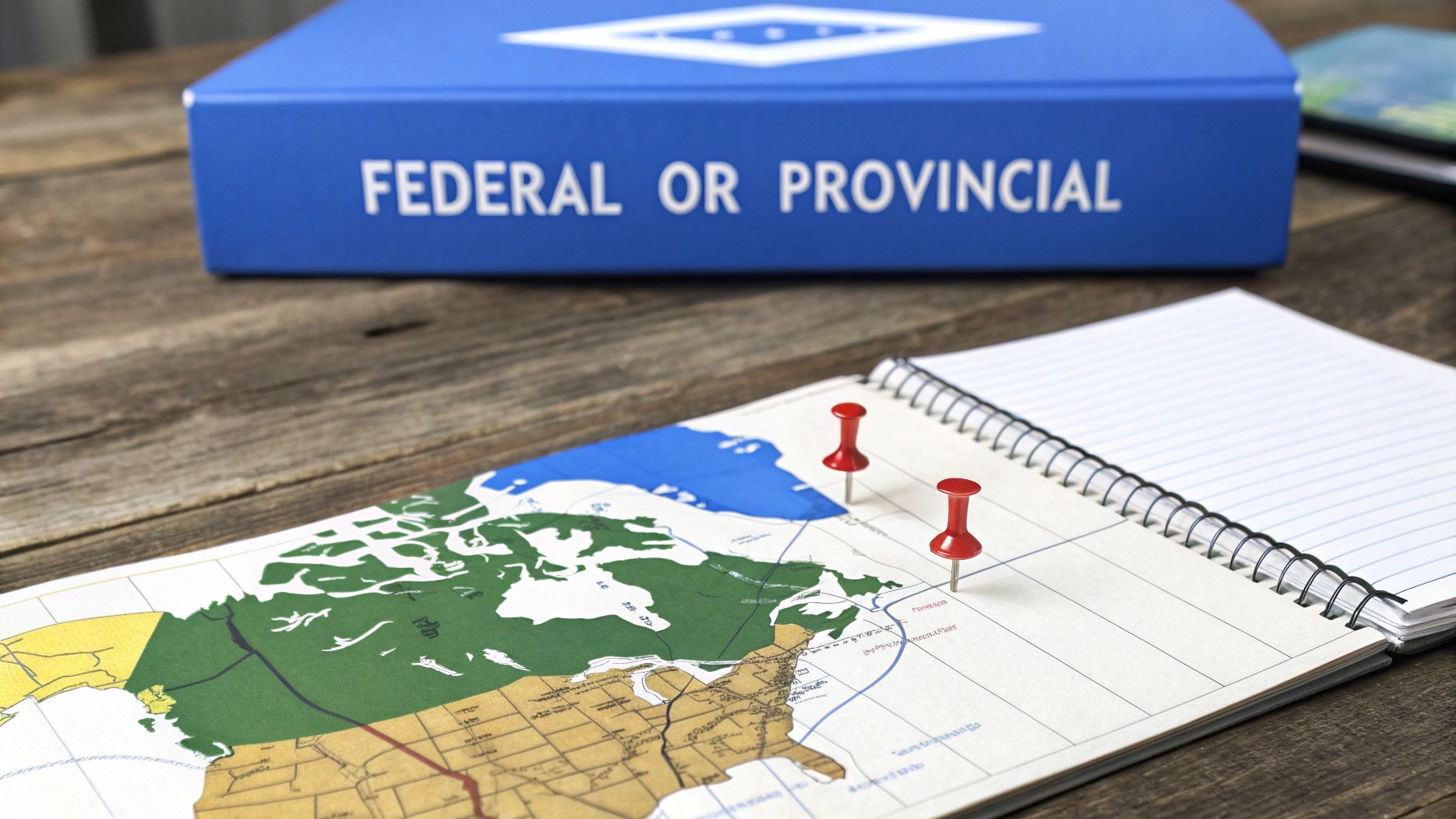 A blue binder marked 'FEDERAL OR PROVINCIAL' rests on a wooden table, beside a map of North America with red thumbtacks.
