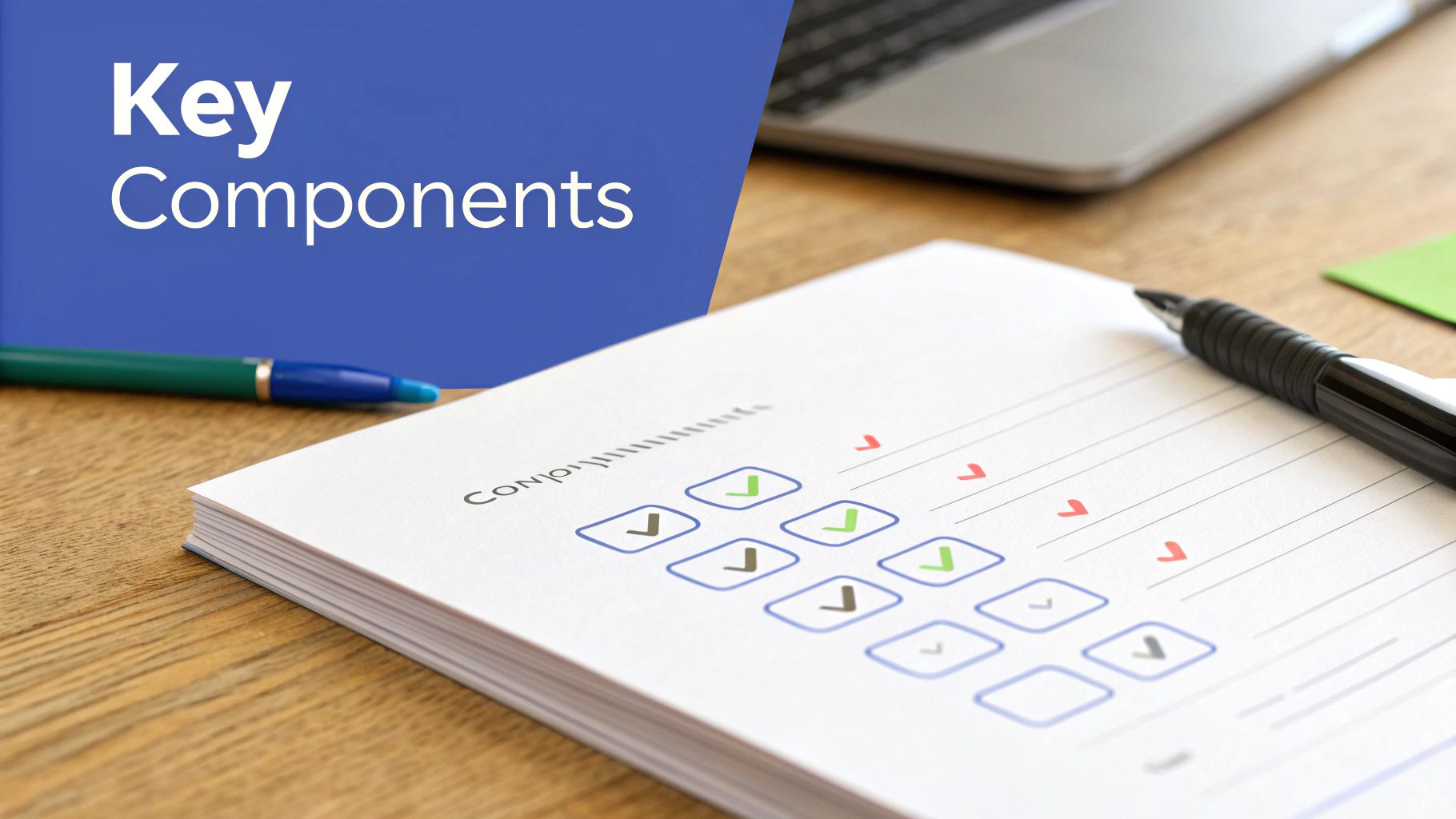 A checklist titled 'Key Components' with marked boxes, a pen, and a laptop on a wooden desk.
