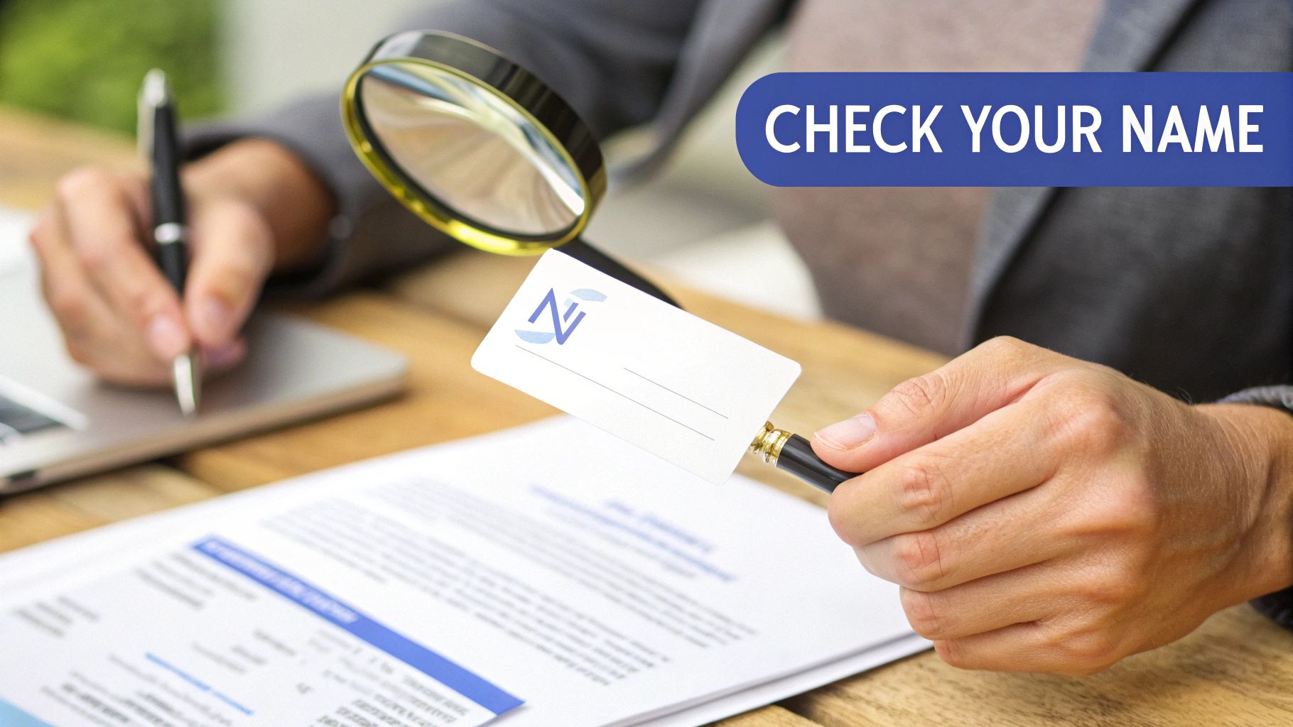 A person uses a magnifying glass to check a blank business card, with 'CHECK YOUR NAME' banner.