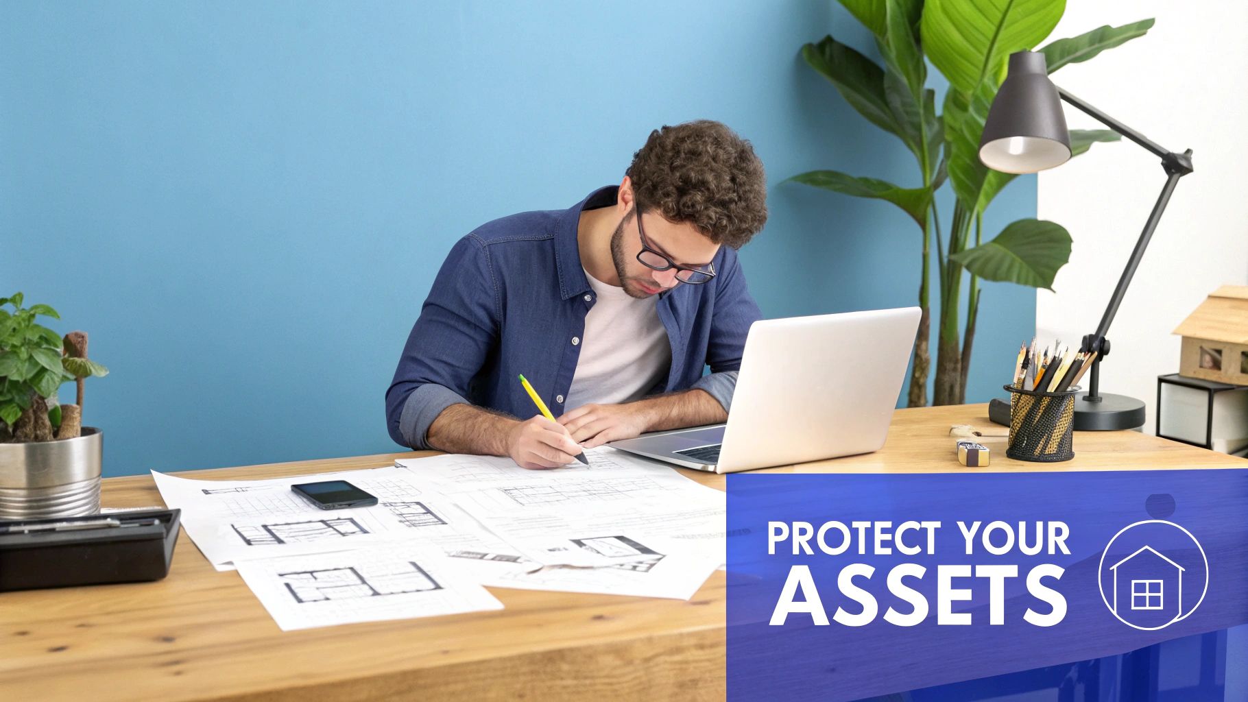 A man draws on blueprints at a desk with a laptop and phone, promoting asset protection.