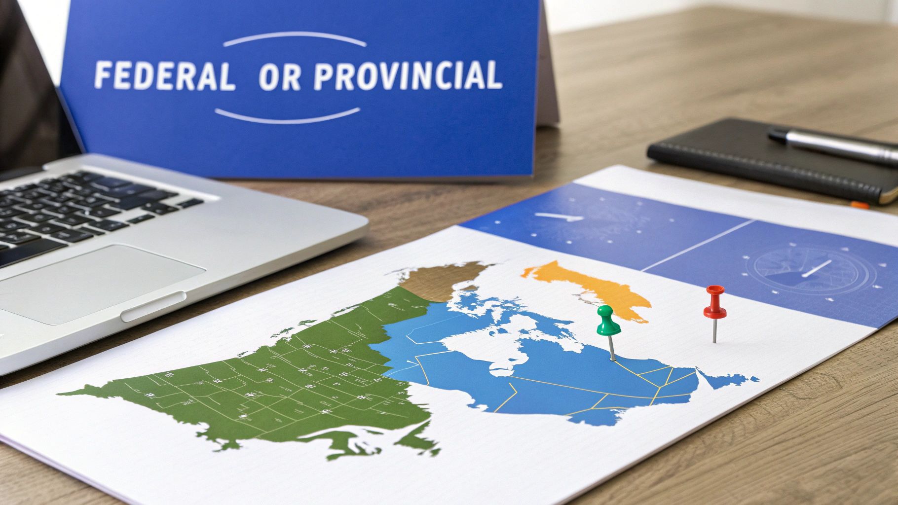 A desk with a map of Canada, a laptop, and a sign reading 'FEDERAL OR PROVINCIAL'.