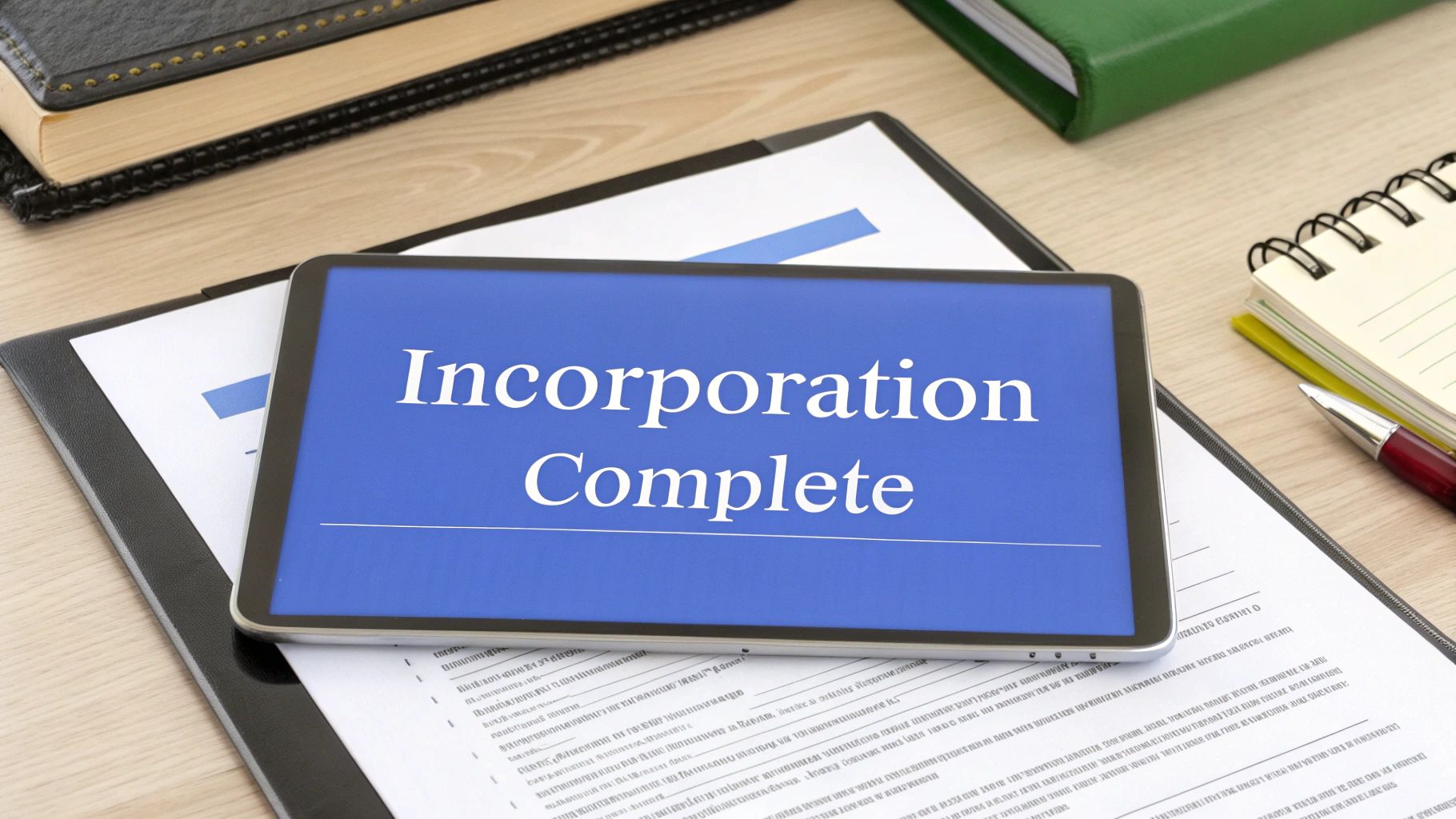 A tablet displays 'Incorporation Complete' on its screen, surrounded by by business documents and office supplies.