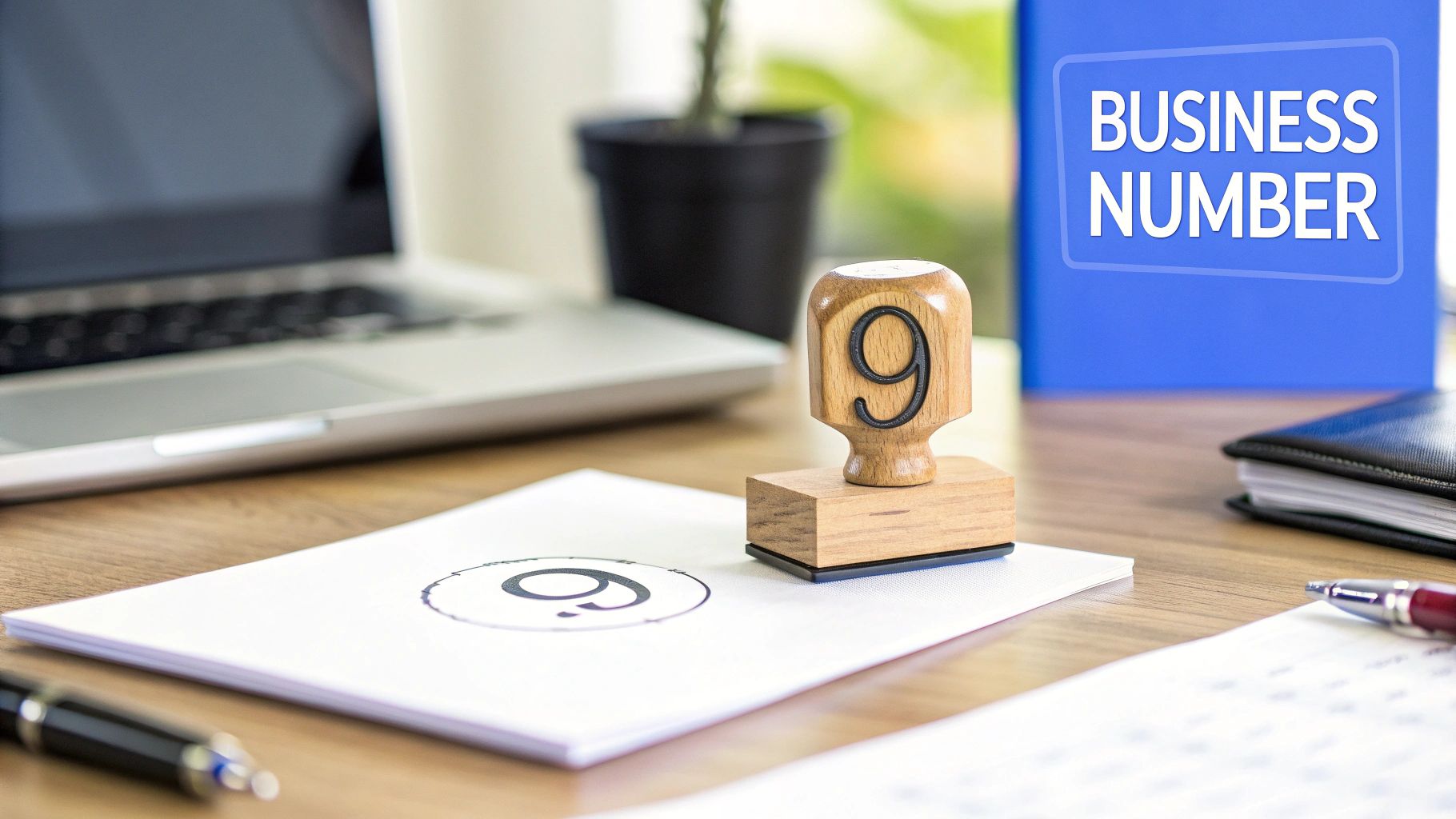 A wooden number 9 stamp on a desk with a laptop and a blue folder saying 'BUSINESS NUMBER'.