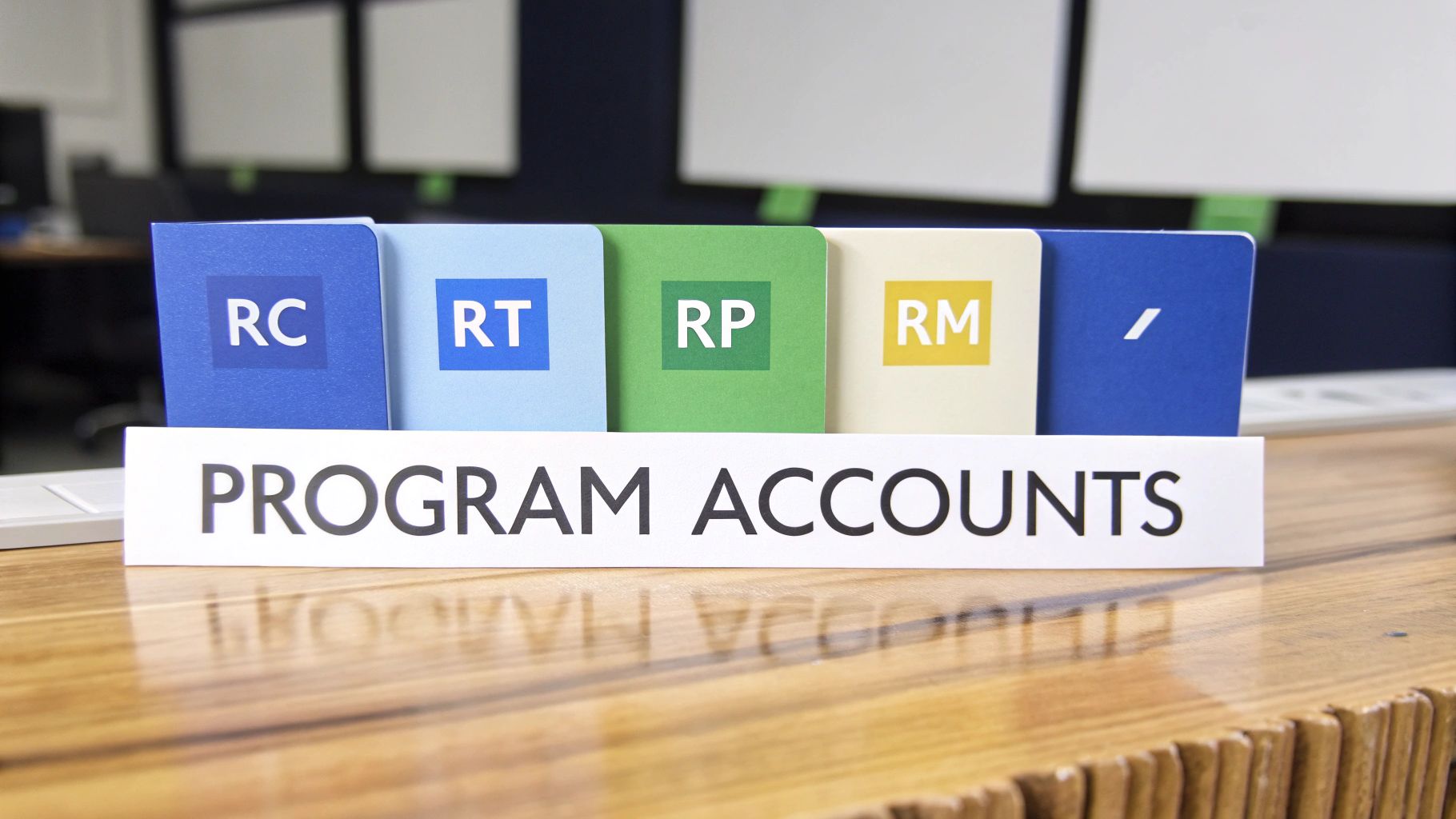 Colored folders labeled RC, RT, RP, RM, and a slash, behind a 'PROGRAM ACCOUNTS' sign.