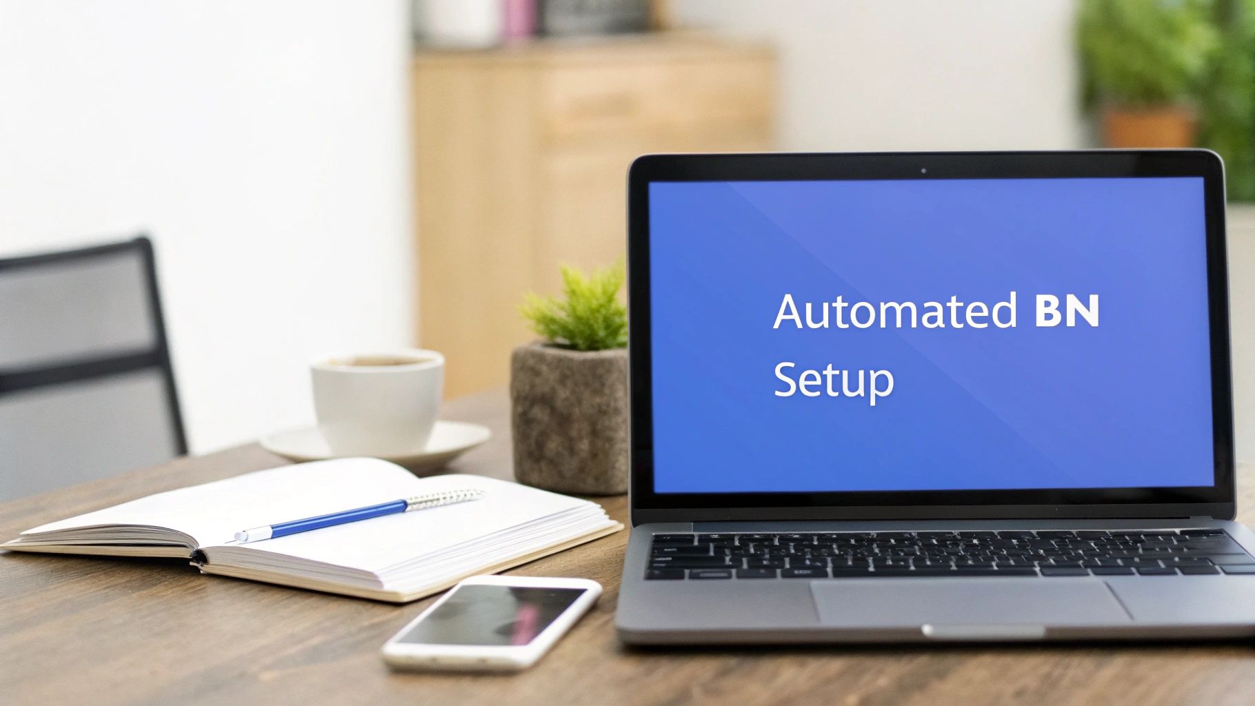 A laptop screen displaying 'Automated BN Setup' on a wooden desk with a coffee, notebook, and phone.