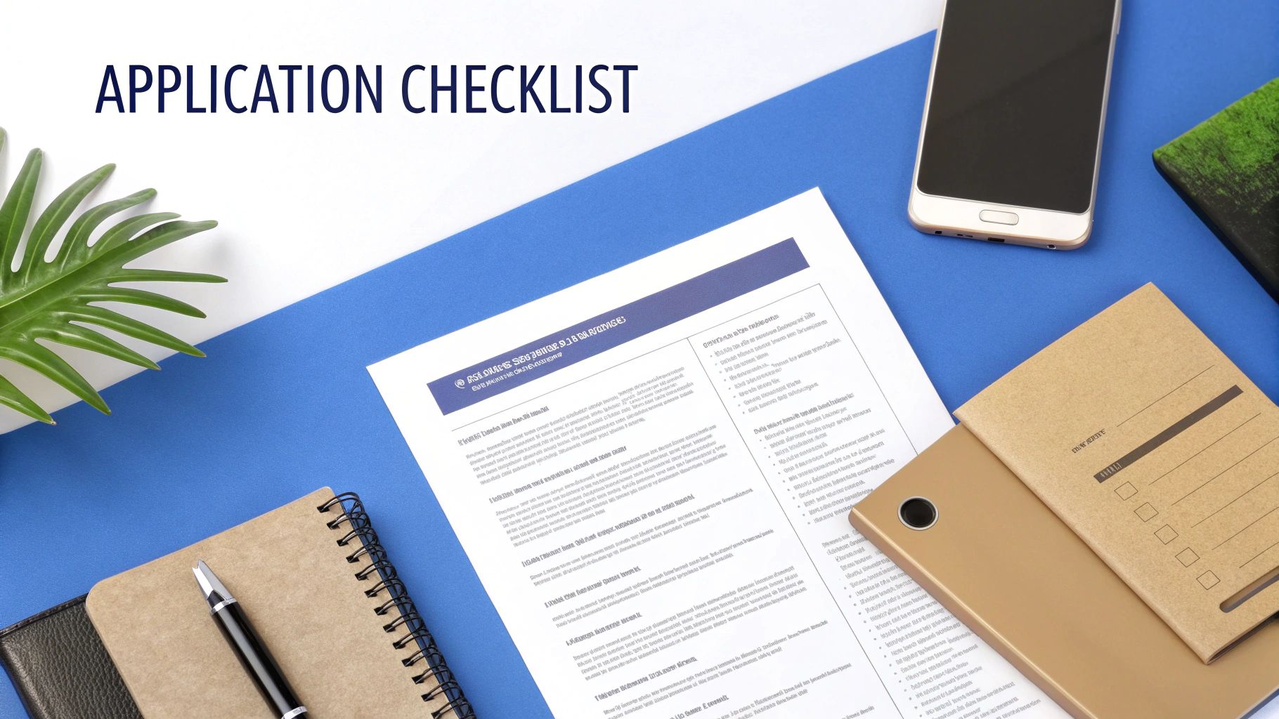 Overhead shot of an application checklist document, smartphone, notebook, pen, and folder on a blue and white desk.