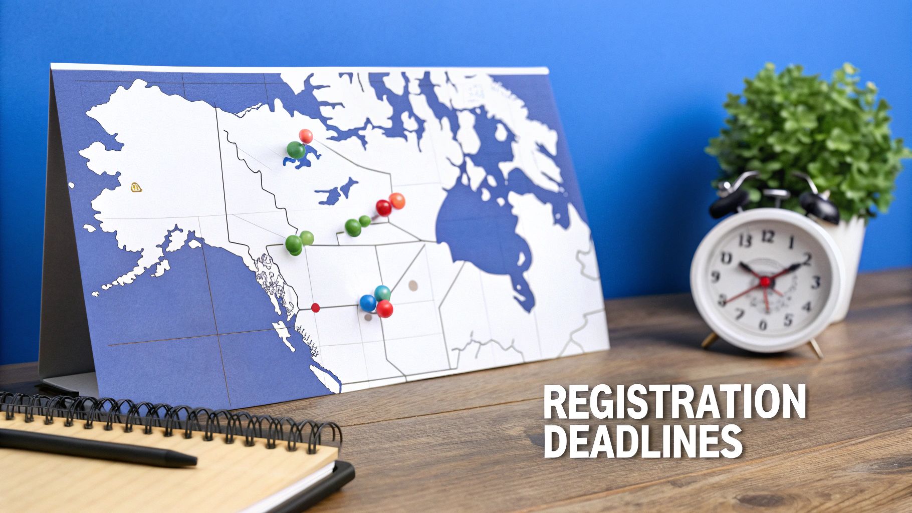A map of North America with colorful pushpins, an alarm clock, and a notebook on a wooden desk. Text reads 'REGISTRATION DEADLINES'.