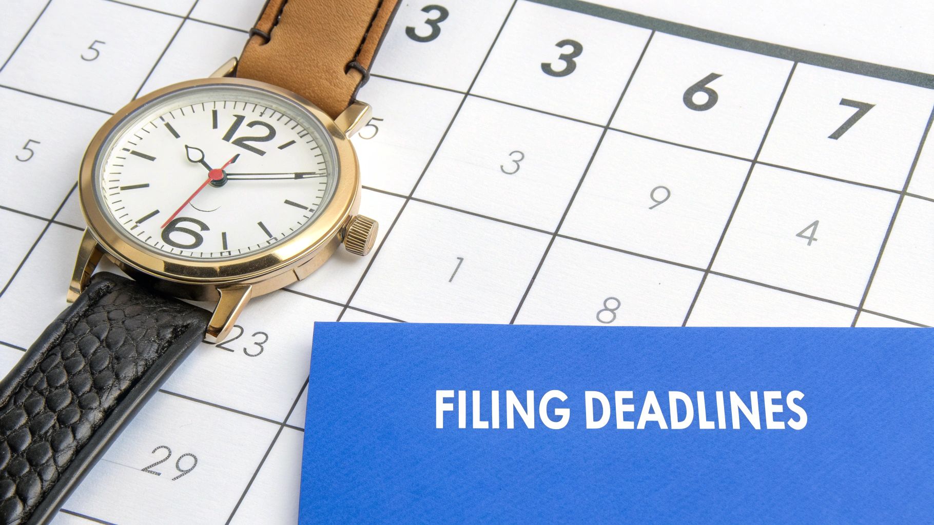 A watch rests on a calendar grid next to a blue card with 'FILING DEADLINES' text.