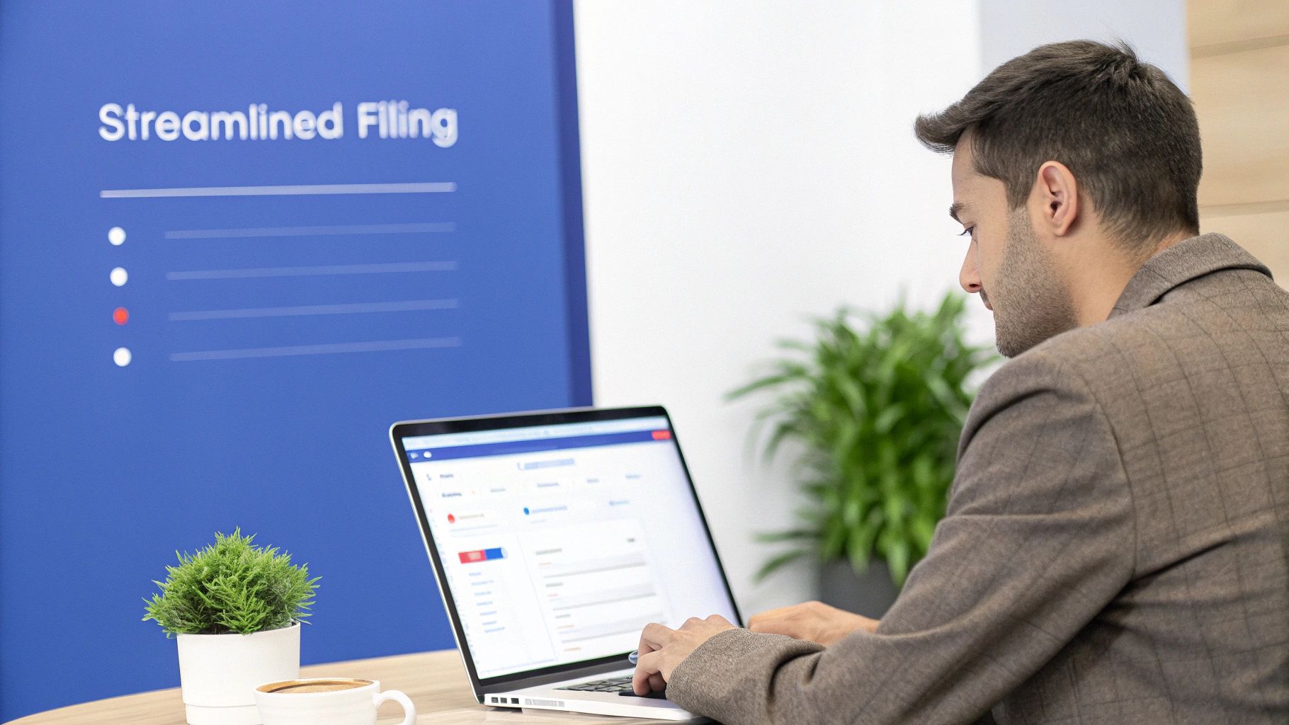 A man in a brown jacket works on a laptop, with a "Streamlined Filing" board in the background.