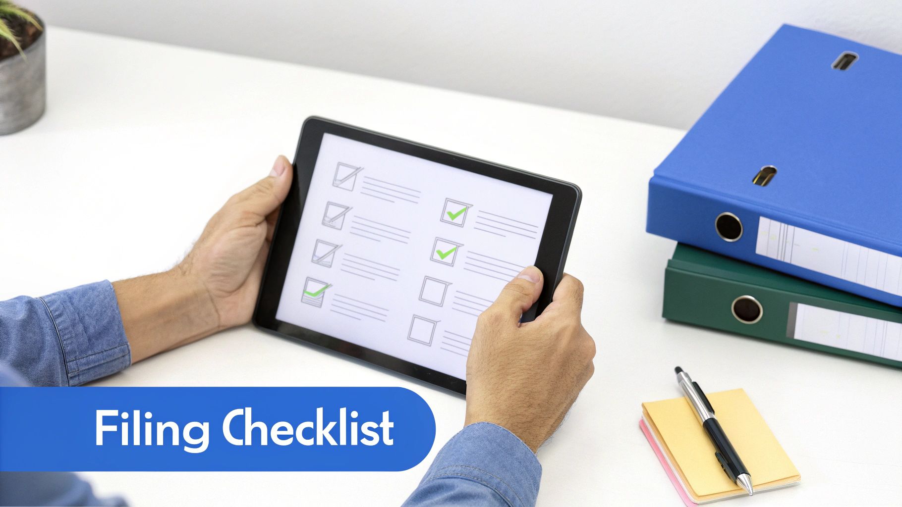 Person holding a tablet with a digital filing checklist, next to office binders and a notepad.