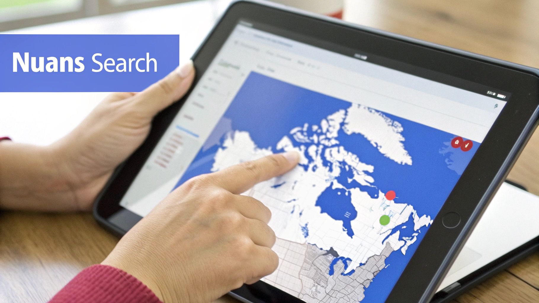 Person using a tablet to view a map, with 'Nuans Search' text visible on a blue banner.