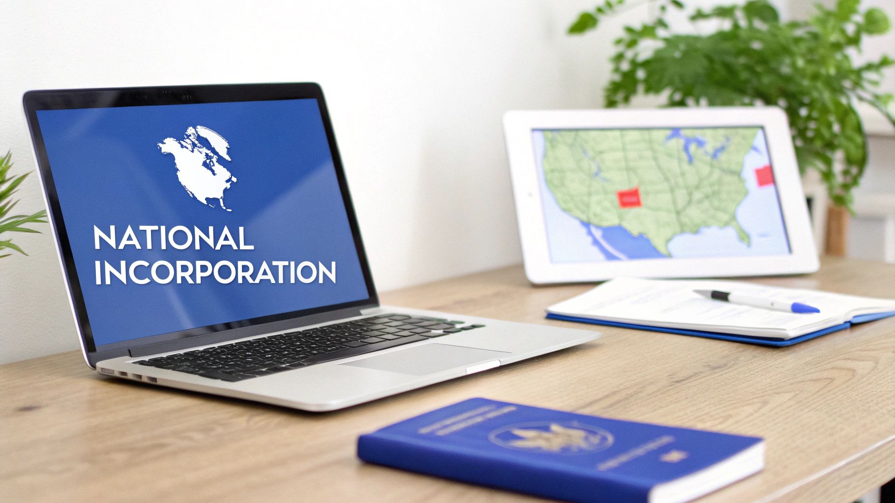 A laptop screen displays 'NATIONAL INCORPORATION' with a North American map, alongside a tablet showing a US map, on a wooden desk.
