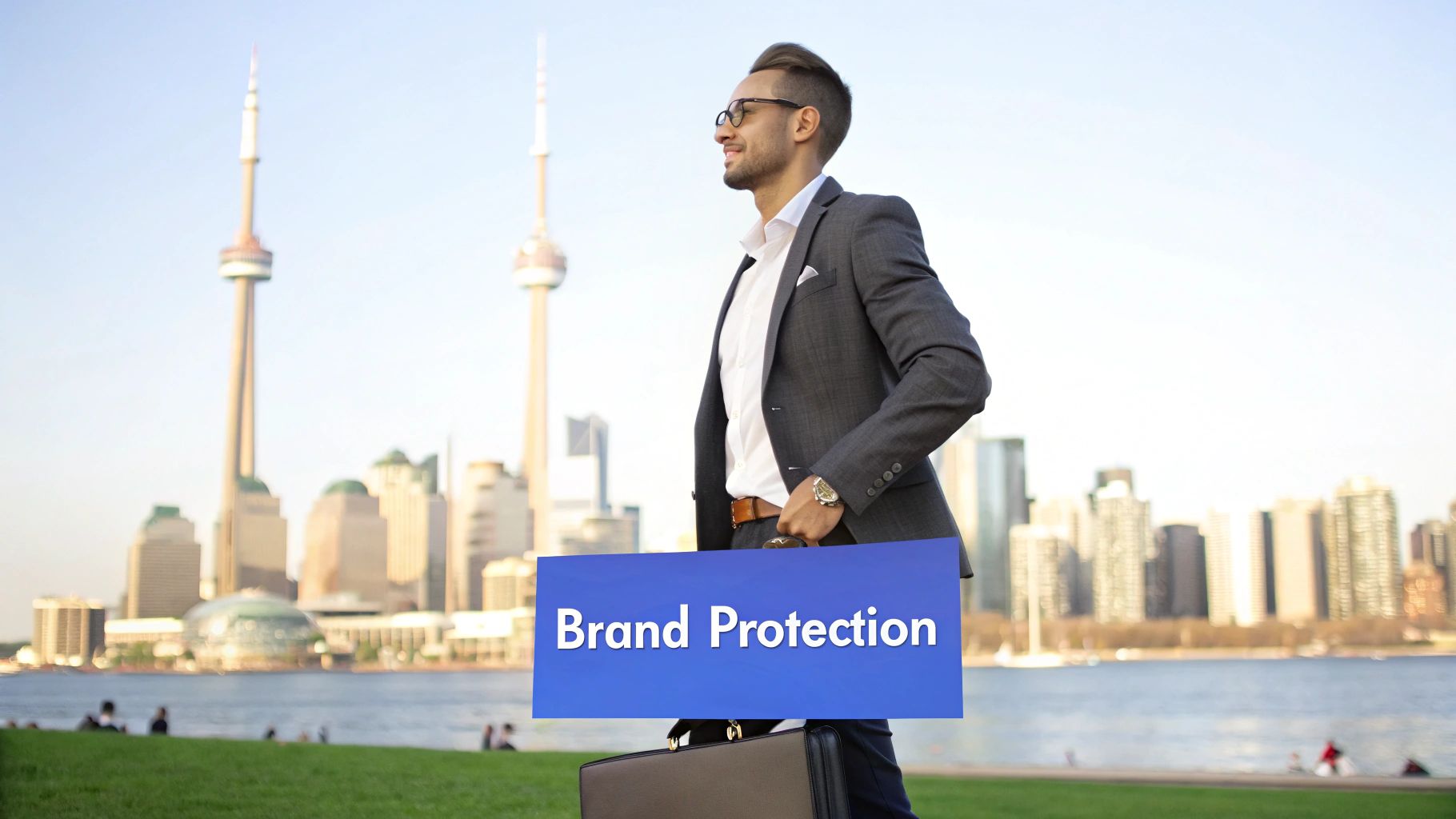 A confident businessman holding a briefcase with a 'Brand Protection' sign in front of a city skyline.
