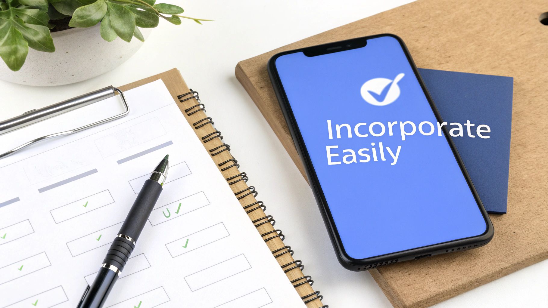 A smartphone displaying 'Incorporate Easily' with a checkmark, next to a checklist and a pen.