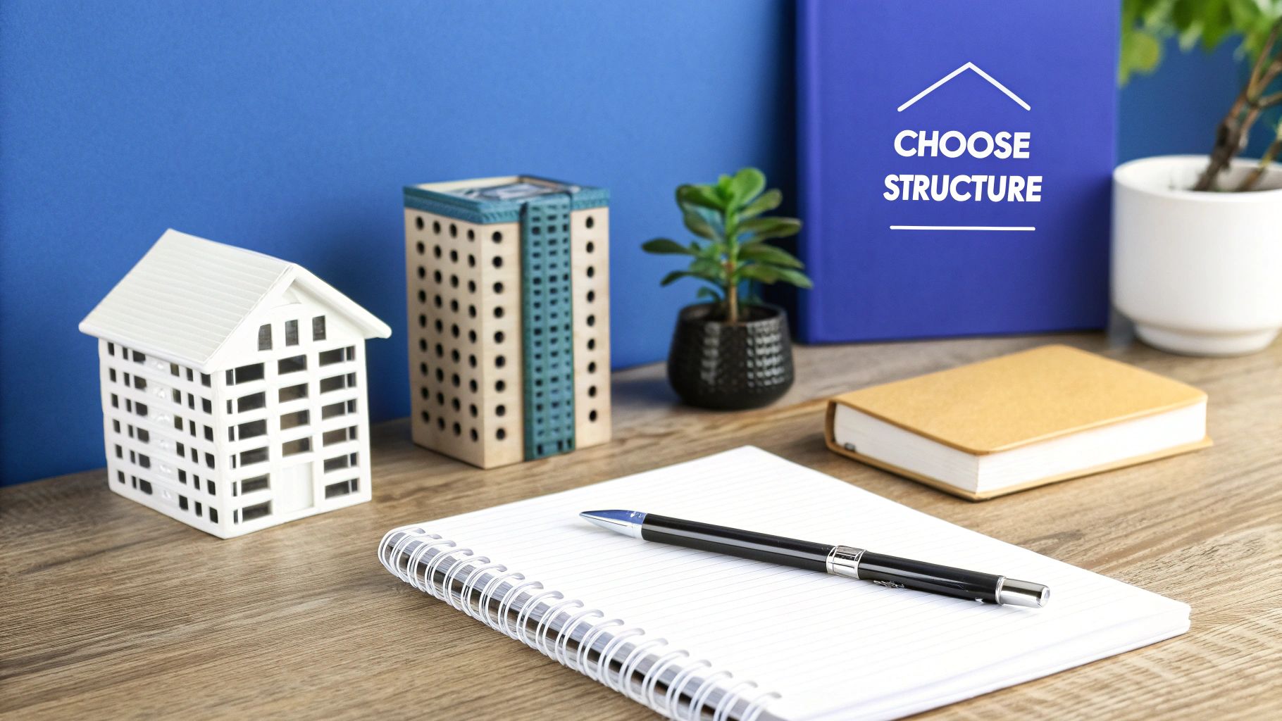 A desk with miniature house models, a plant, notebooks, and a blue folder saying 'CHOOSE STRUCTURE'.