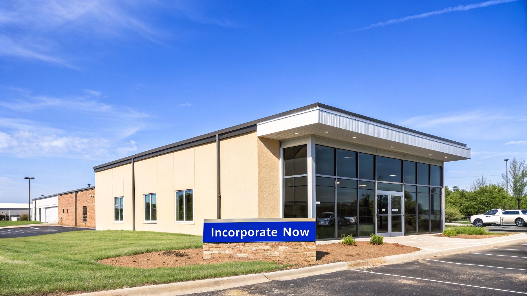A modern business building with a 'Incorporate Now' sign, large glass windows, and a parking lot.