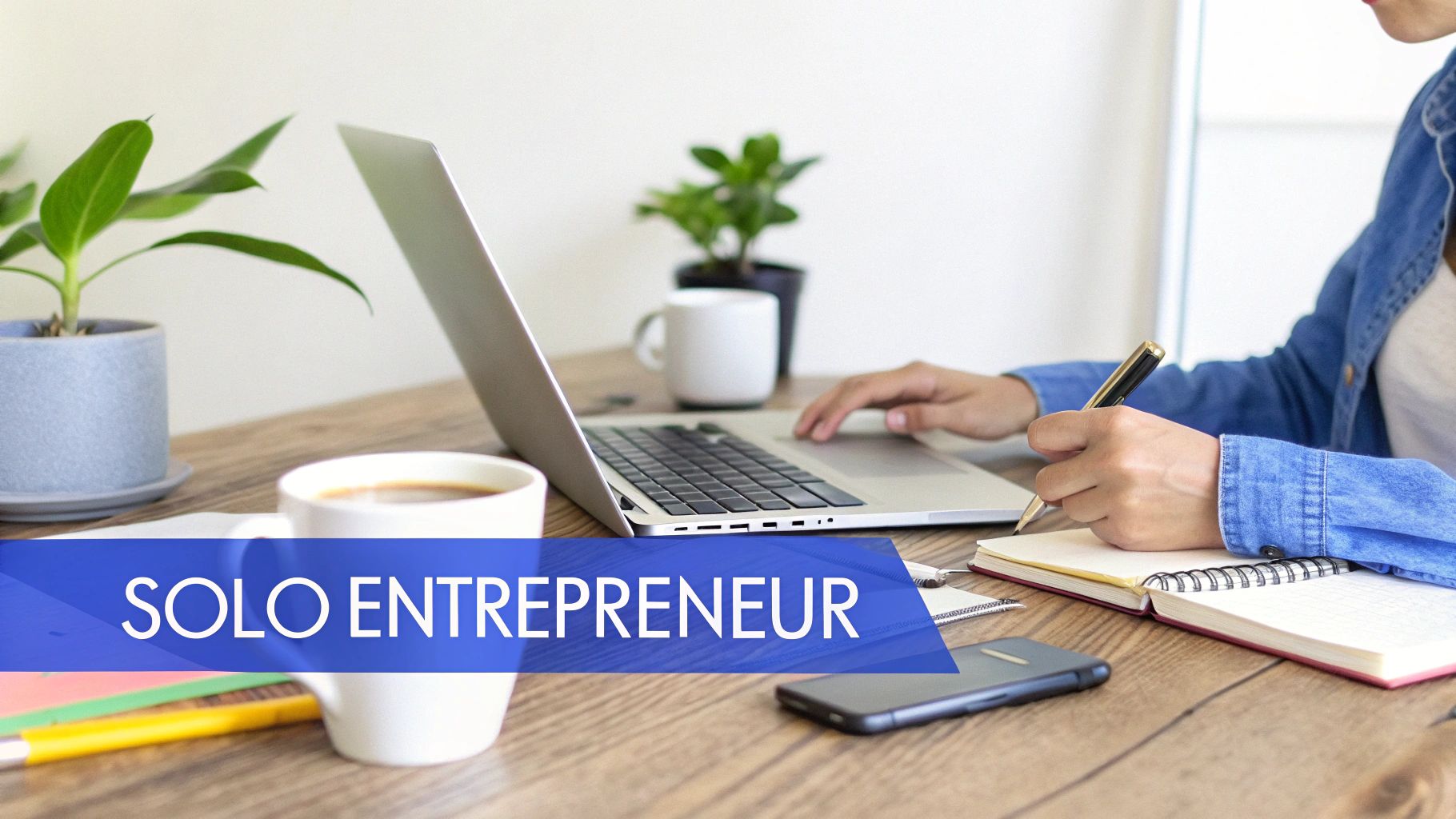 A solo entrepreneur works efficiently at a wooden desk with a laptop, coffee, and a notebook.