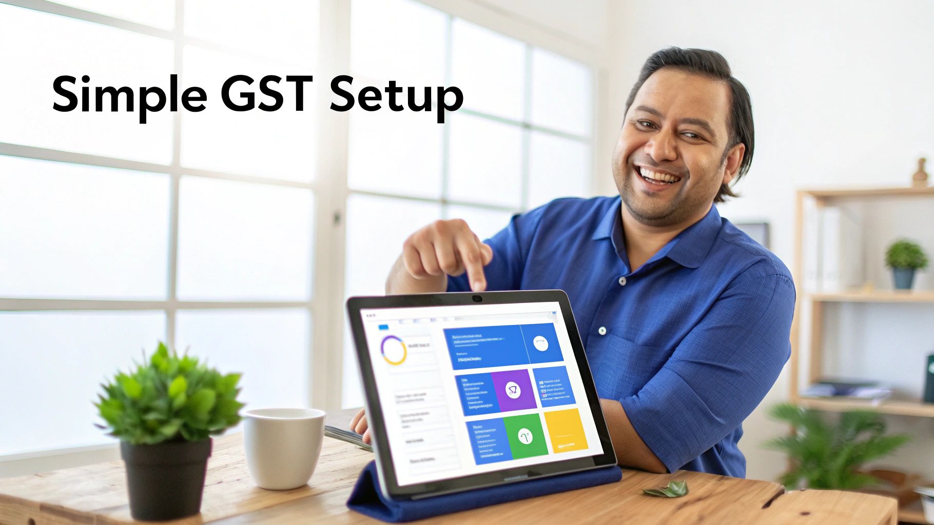 A happy man in a blue shirt pointing at a tablet showing a business dashboard with "Simple GST Setup" text.