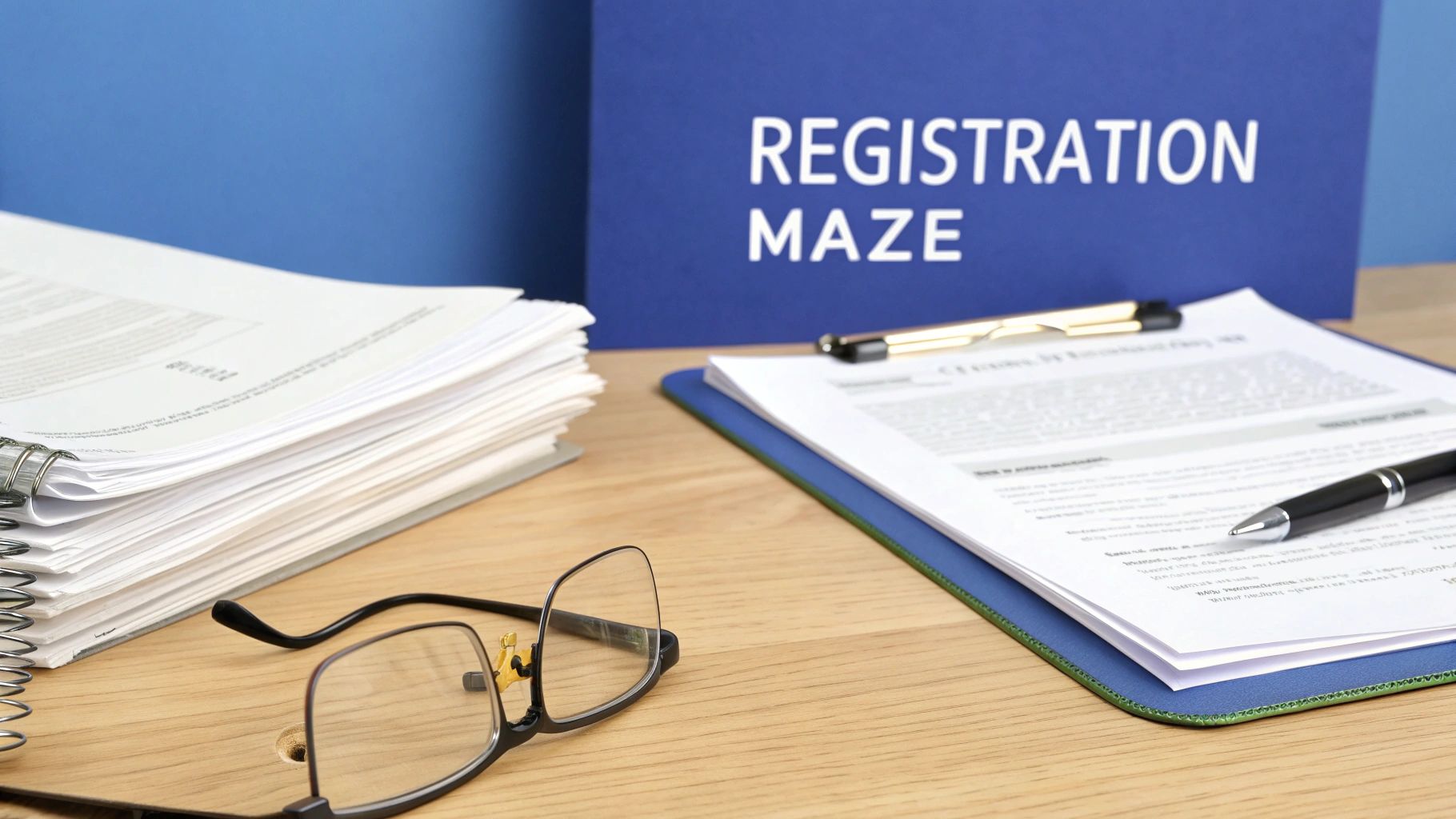 A desk with documents, a stack of papers, glasses, and a 'REGISTRATION MAZE' sign.
