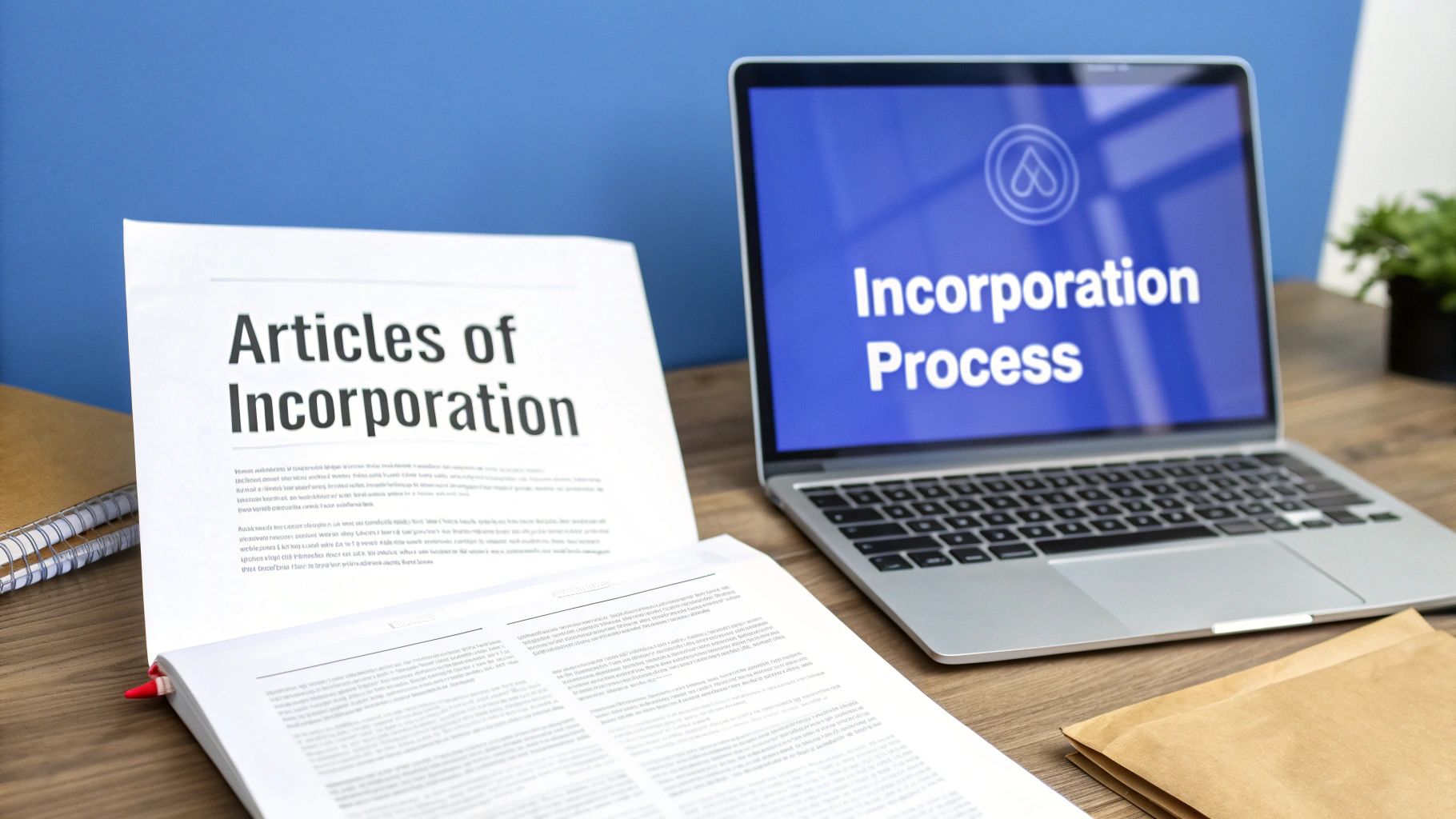 Documents titled 'Articles of Incorporation' and a laptop showing 'Incorporation Process' on a wooden desk.