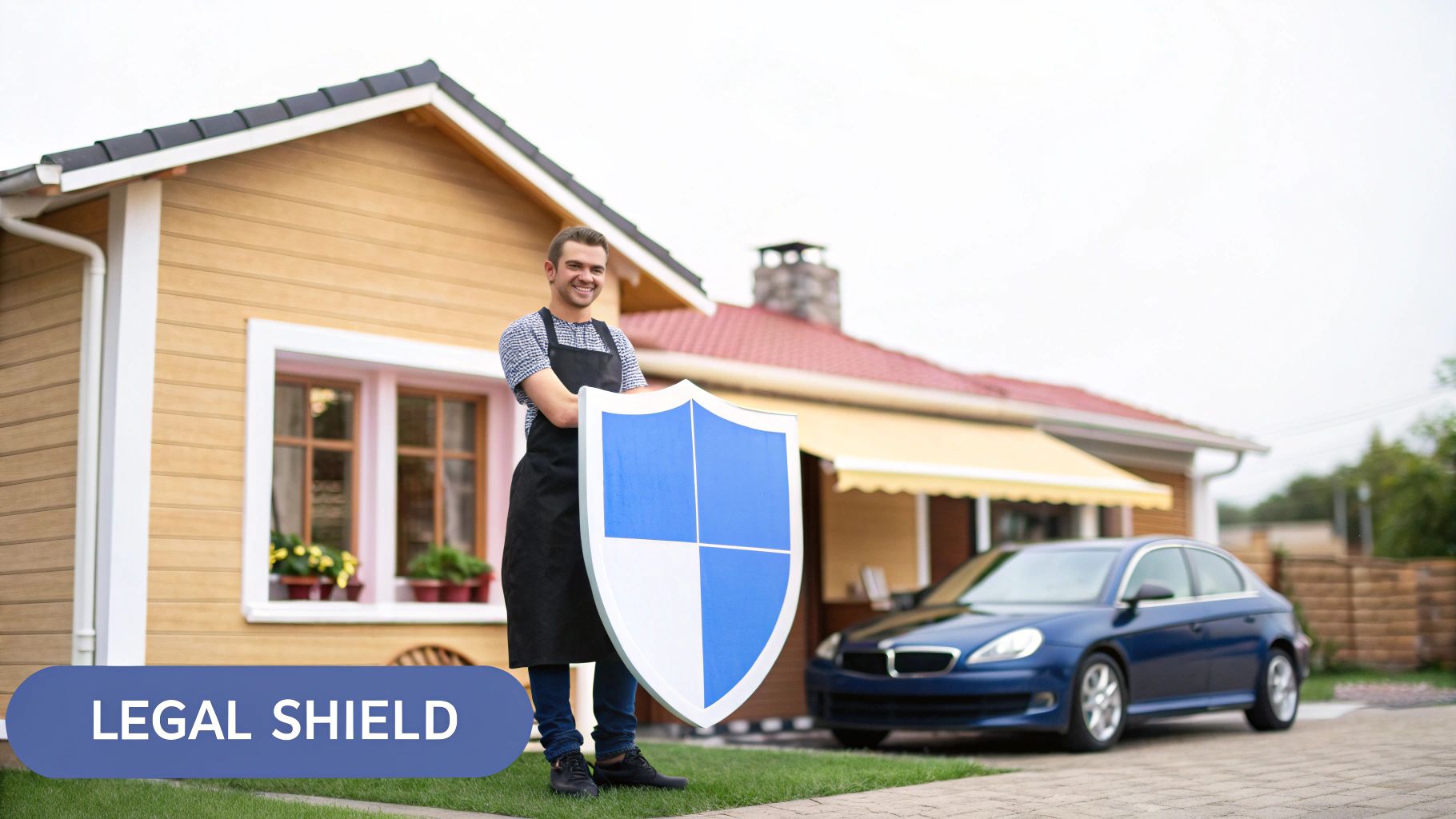 A smiling man in an apron holds a blue and white shield in front of a house and car, representing legal protection.