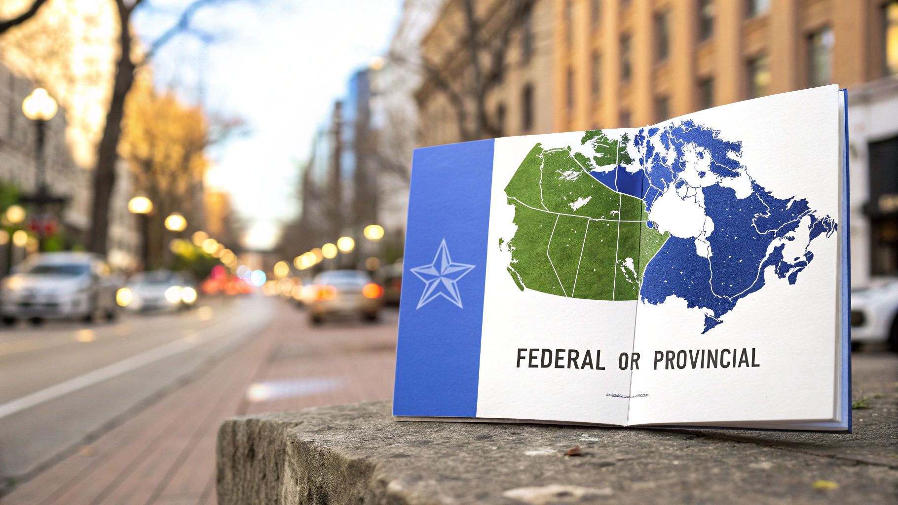 Open book displaying a map of Canada with federal and provincial divisions, set on a city street.