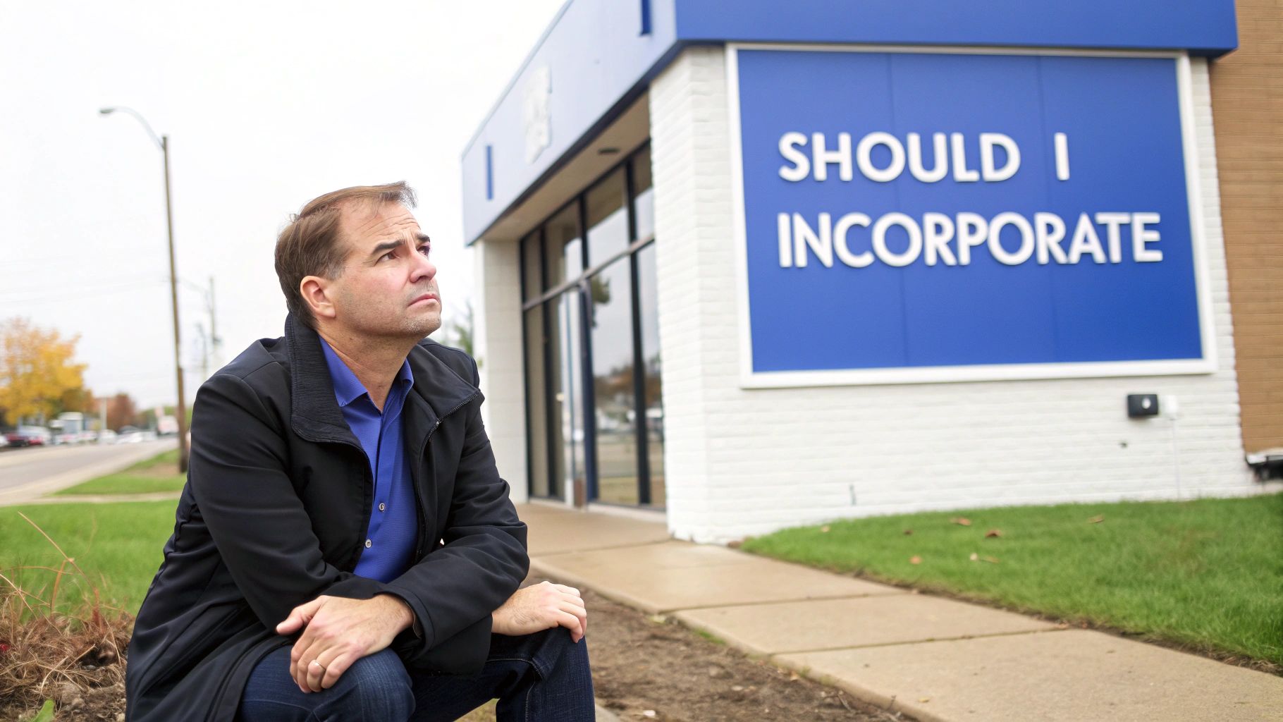 A thoughtful man sitting outside a building, contemplating a sign asking "Should I Incorporate."