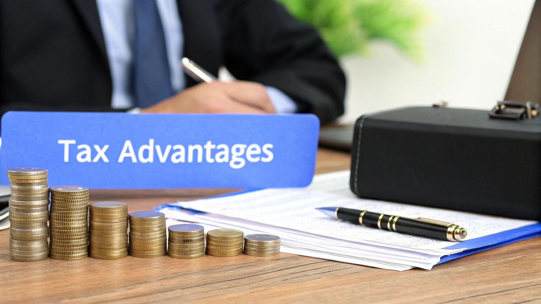 Financial documents, stacks of coins, a pen, and a 'Tax Advantages' folder on a desk.