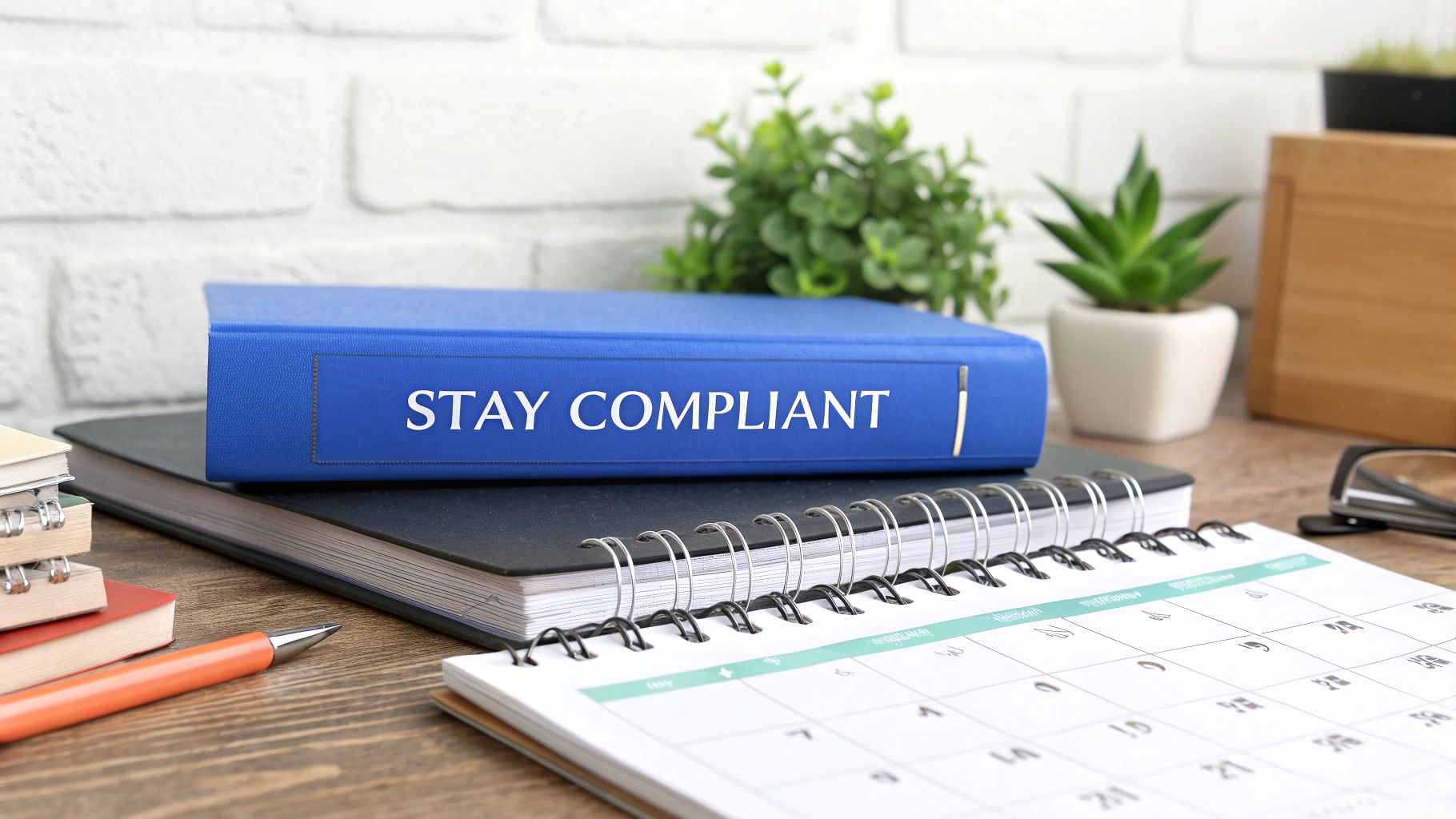 A blue book titled 'Stay Compliant' on a desk with a calendar, pen, and office plants.