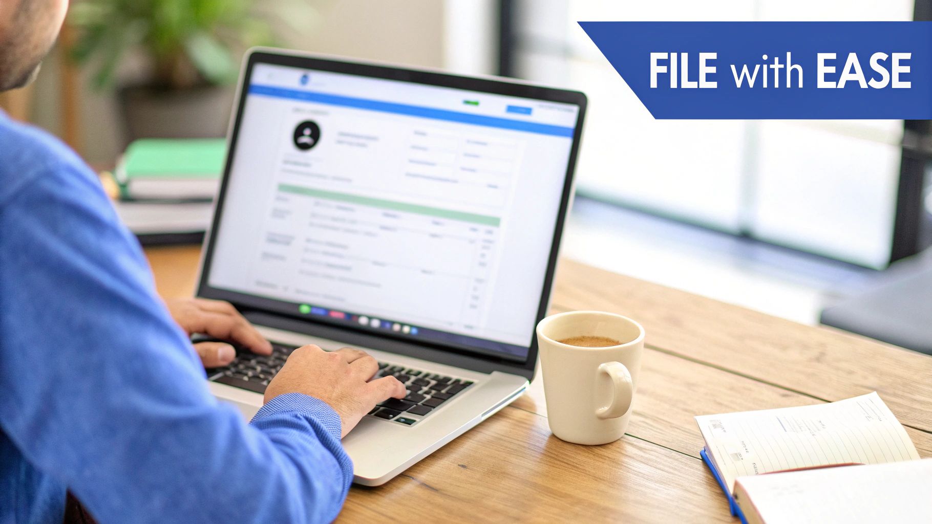 Person typing on a laptop, filing documents online with ease, with a coffee mug and notebook.
