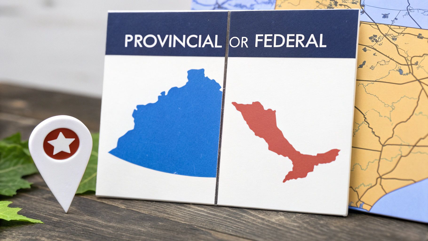 Two cards with 'Provincial or Federal' text and map shapes, next to a star location pin.