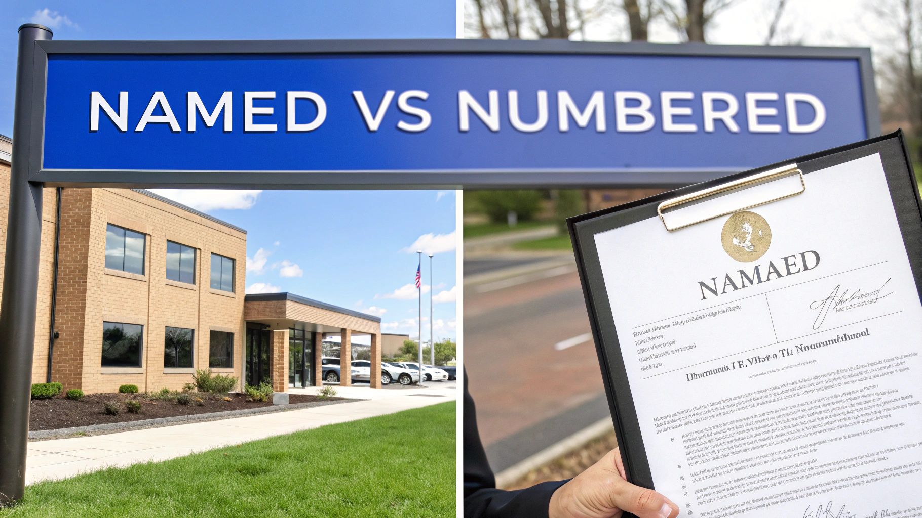 A split image featuring a sign reading 'NAMED VS NUMBERED' and a person holding a document.