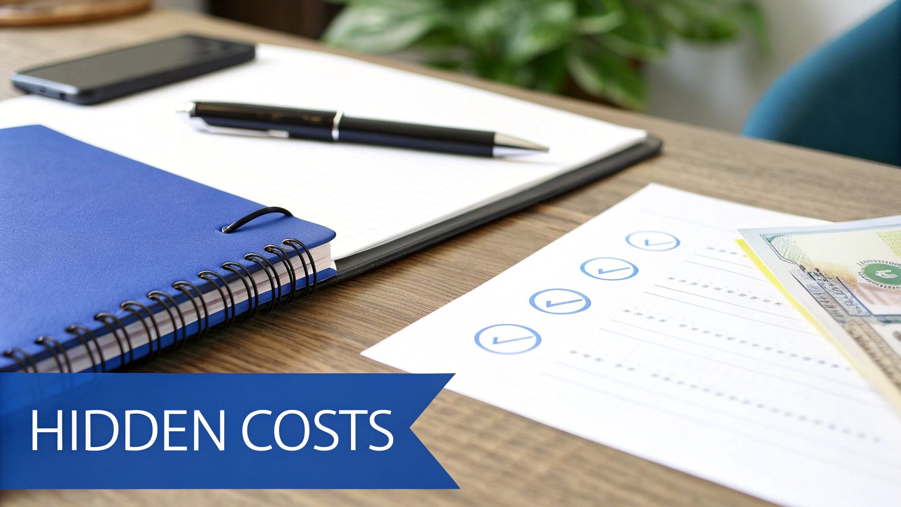 A blue notebook, pen, smartphone, checklist, and money on a desk, with 'HIDDEN COSTS' banner.