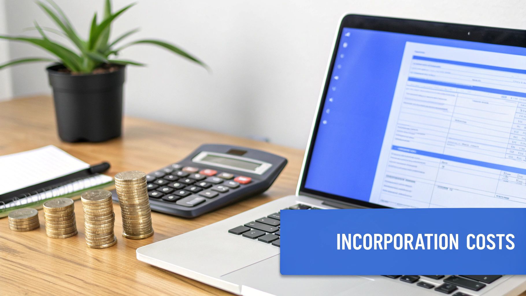 Desk scene with a laptop displaying documents, a calculator, stacks of coins, and a plant, with an overlay titled 'Incorporation Costs'.