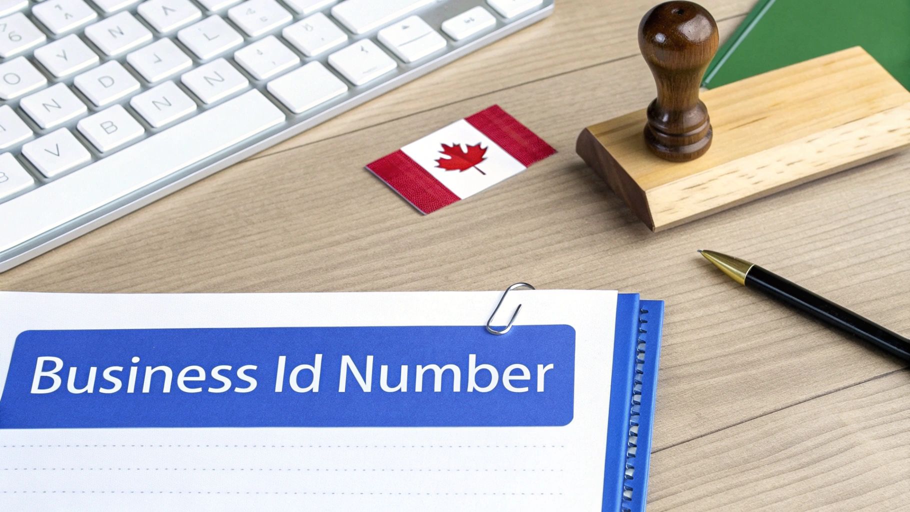 Business ID number document, Canadian flag, keyboard, pen, and stamp on a wooden desk.