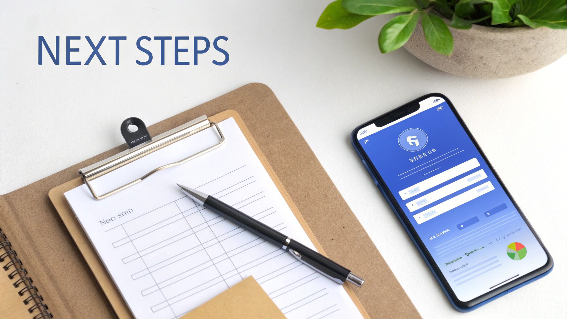 Overhead view of a workspace with 'NEXT STEPS' text, a clipboard, pen, and a smartphone app.