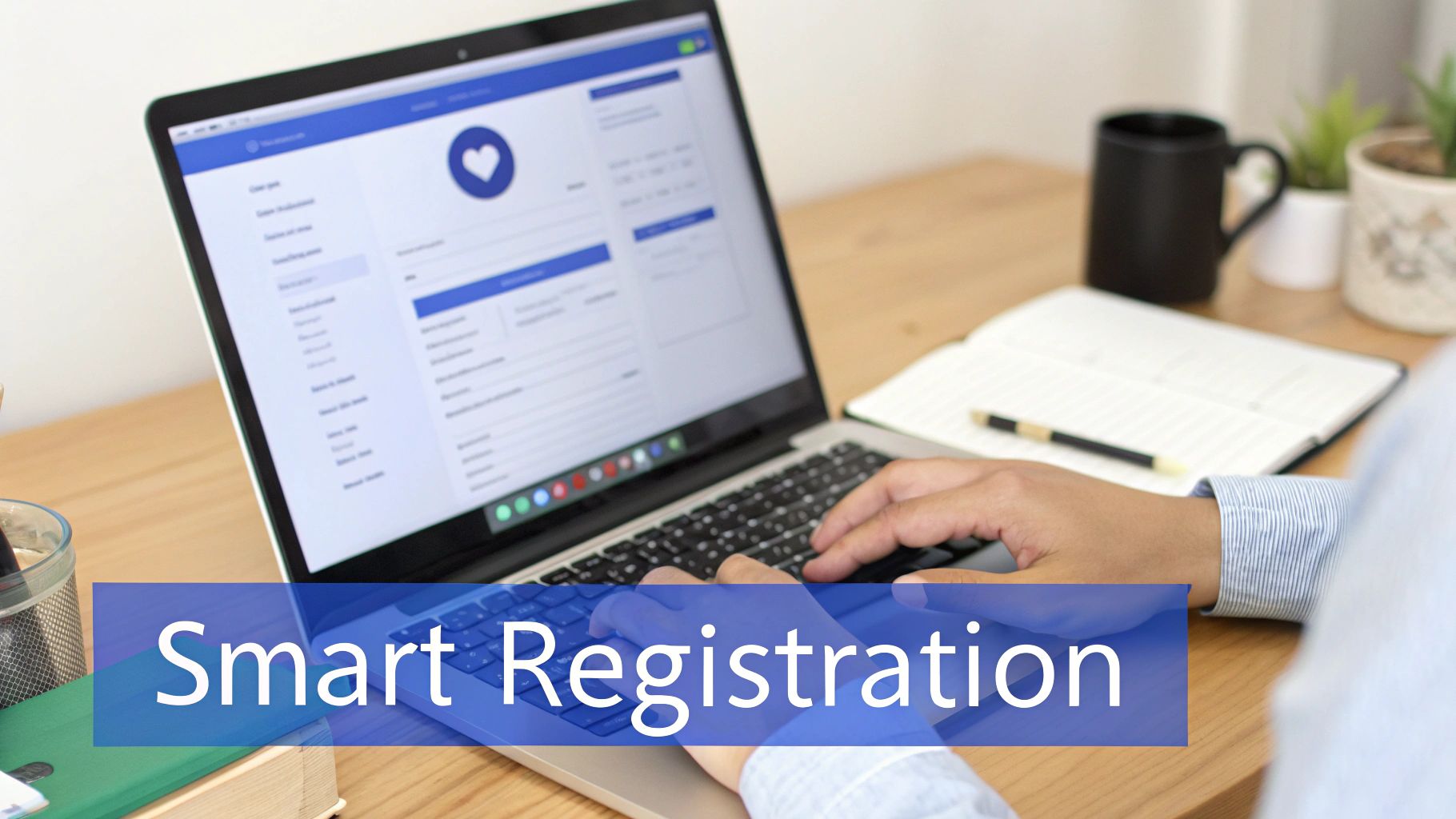 Person using a laptop to complete a smart registration form on a wooden desk.