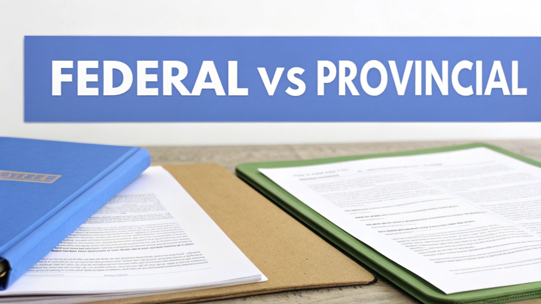 Documents and binders on a desk with a 'FEDERAL VS PROVINCIAL' sign, illustrating jurisdictional differences.