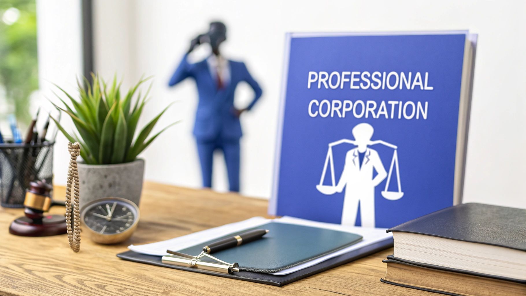 A law office desk with a 'Professional Corporation' binder, gavel, legal books, and a pen.
