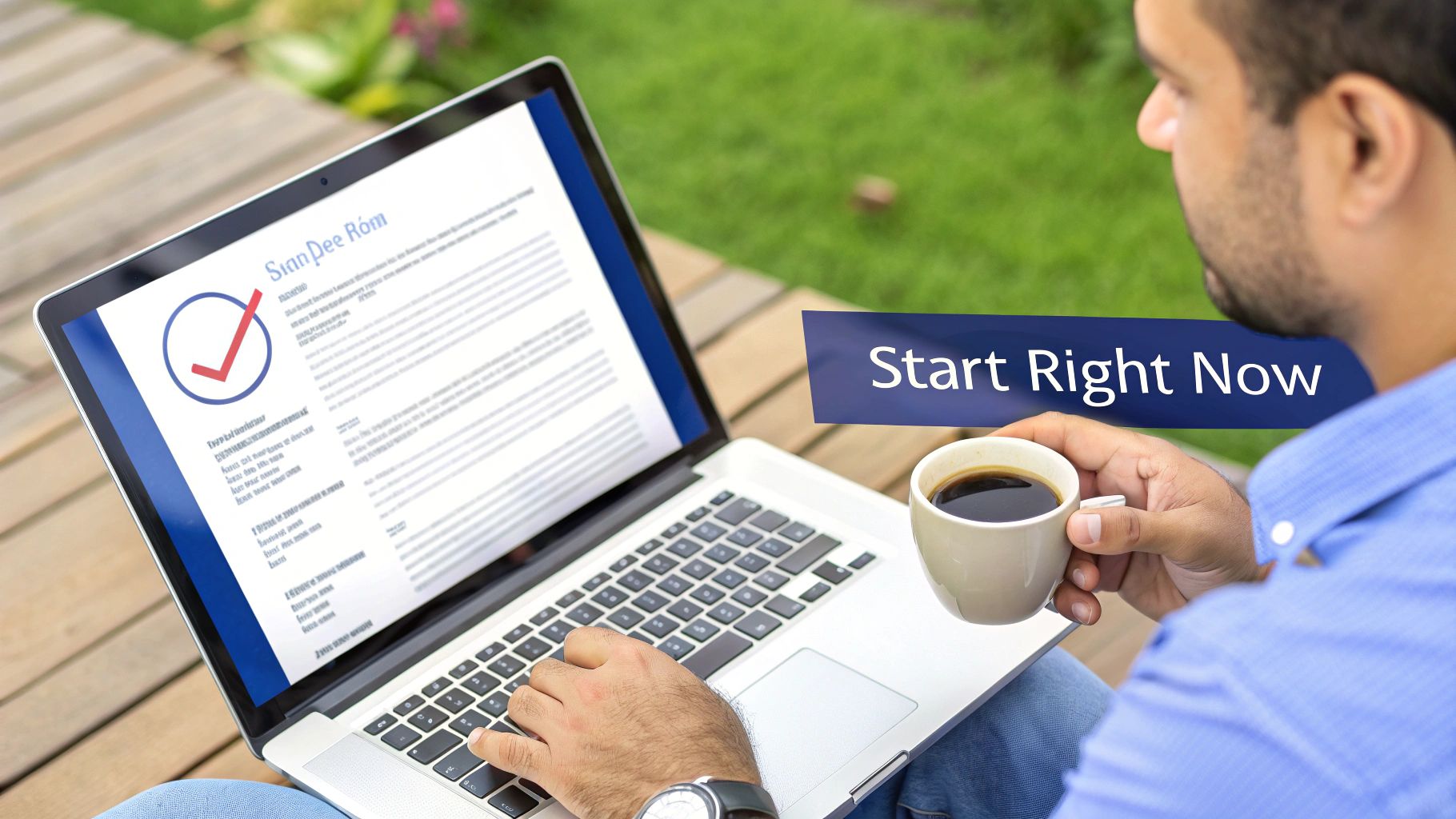 Over-the-shoulder view of a man working on a laptop outdoors, holding coffee, with 'Start Right Now' text.