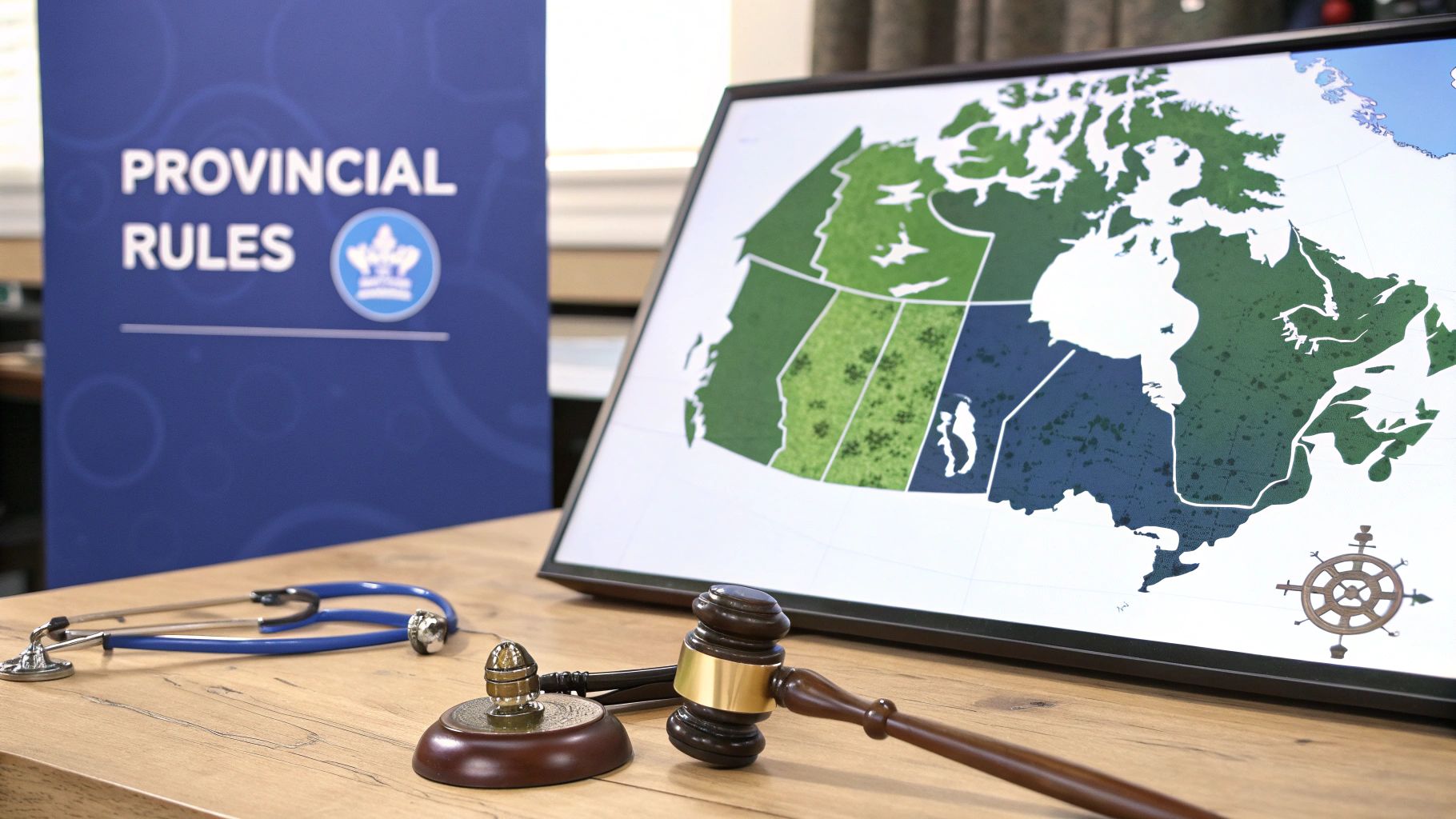 Gavel, stethoscope, and Canada map on screen beside a 'PROVINCIAL RULES' banner.