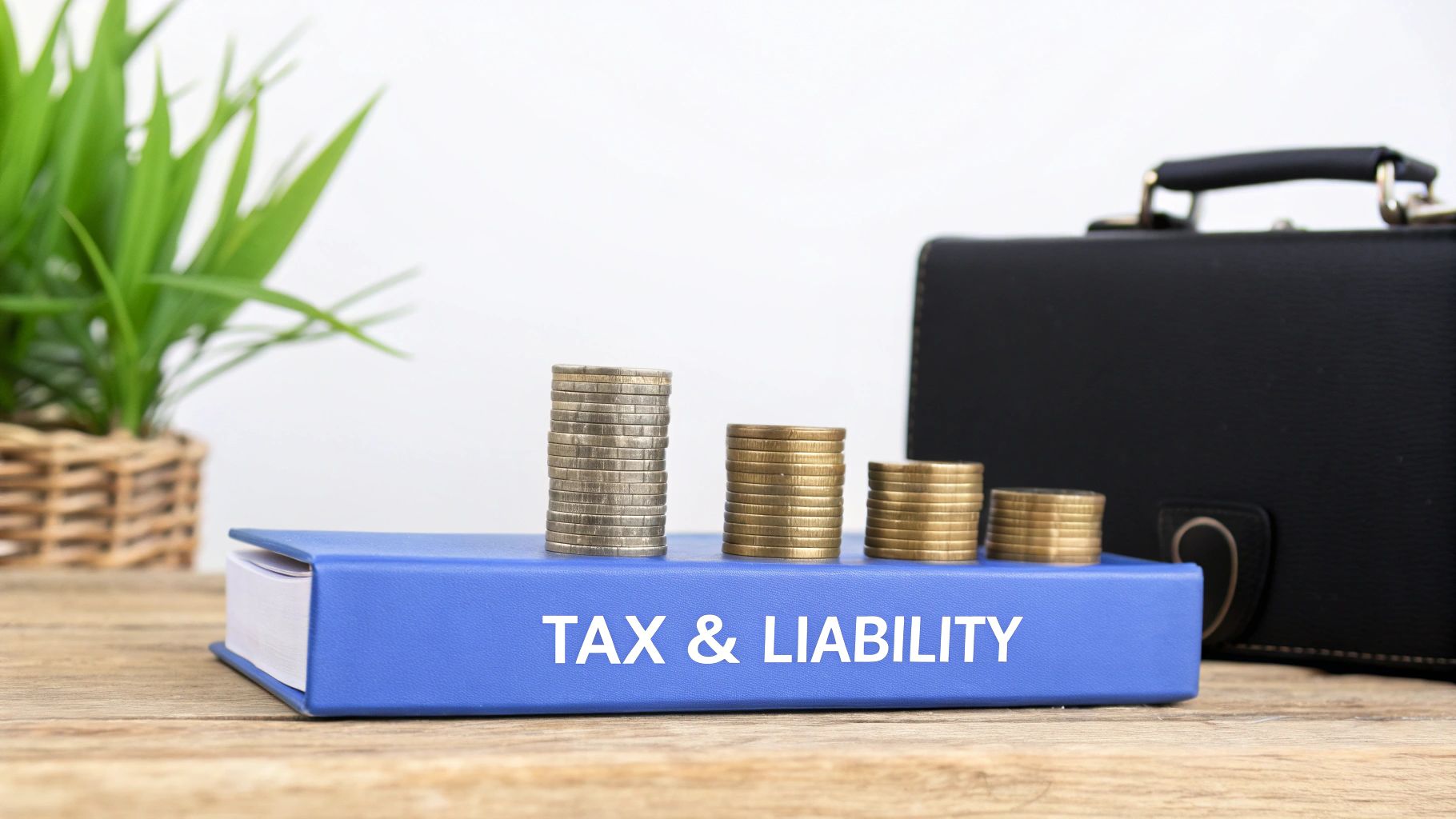Stacks of coins decreasing in size on a blue book titled 'TAX & LIABILITY', with a plant and briefcase.