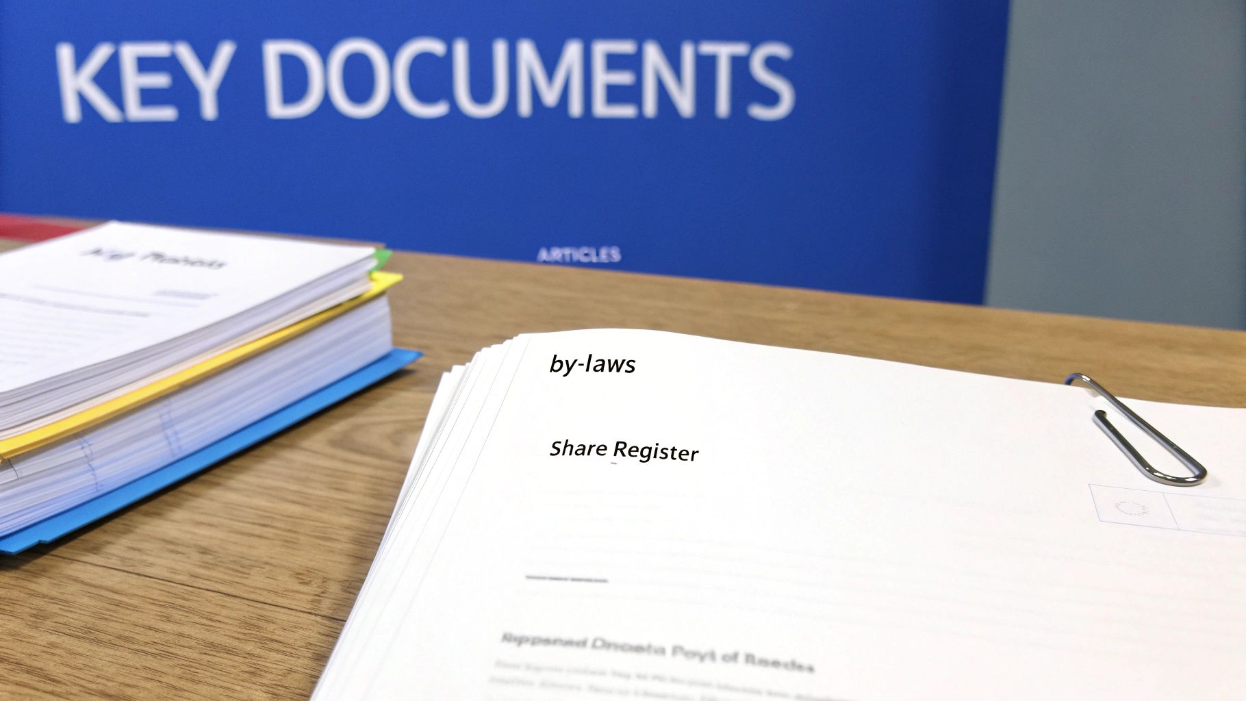 Close-up of corporate legal documents, including by-laws and share register, on a wooden desk.